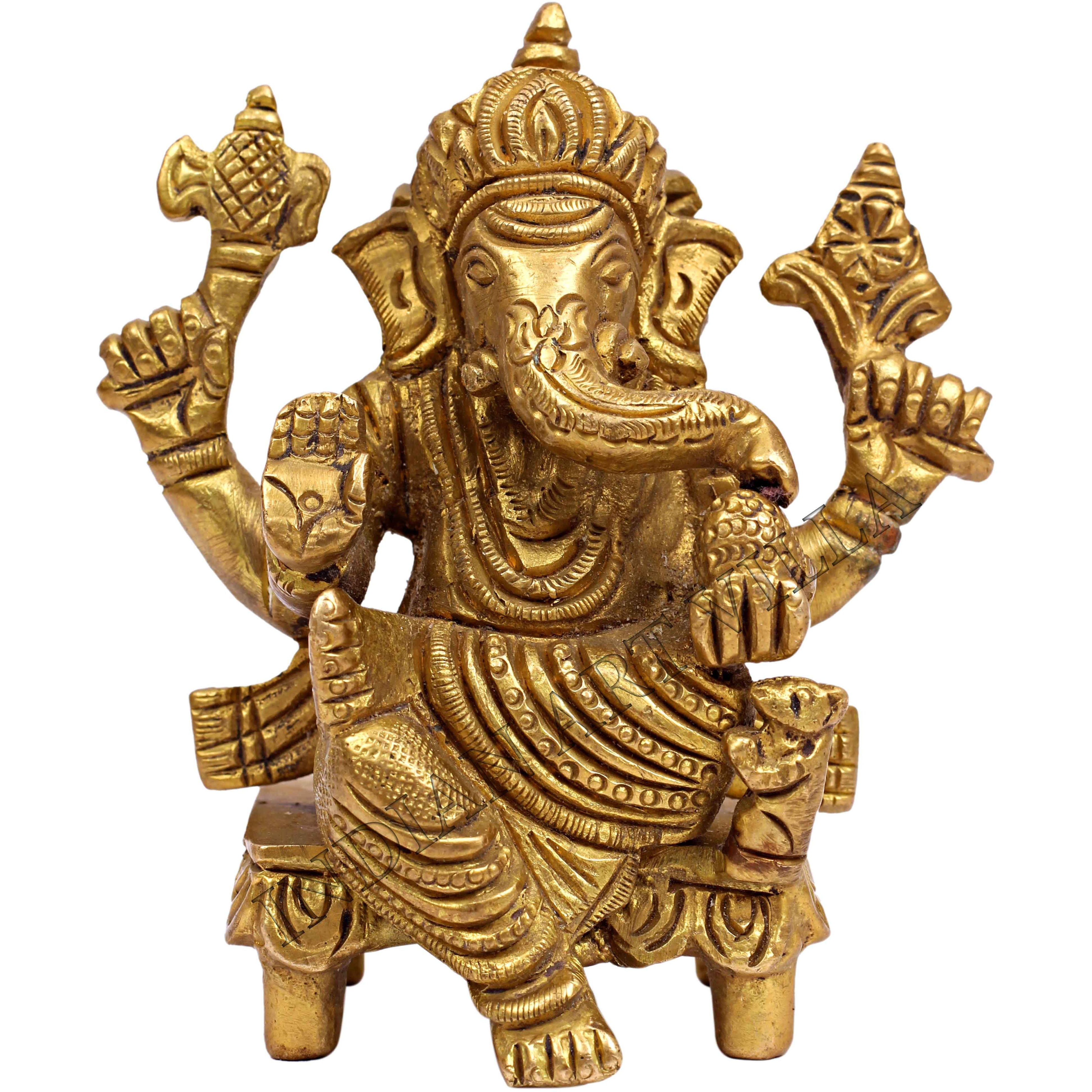 IndianArtVilla Handmade Brass God Ganesha Vinayaka God Idolheight 3.2  Gold