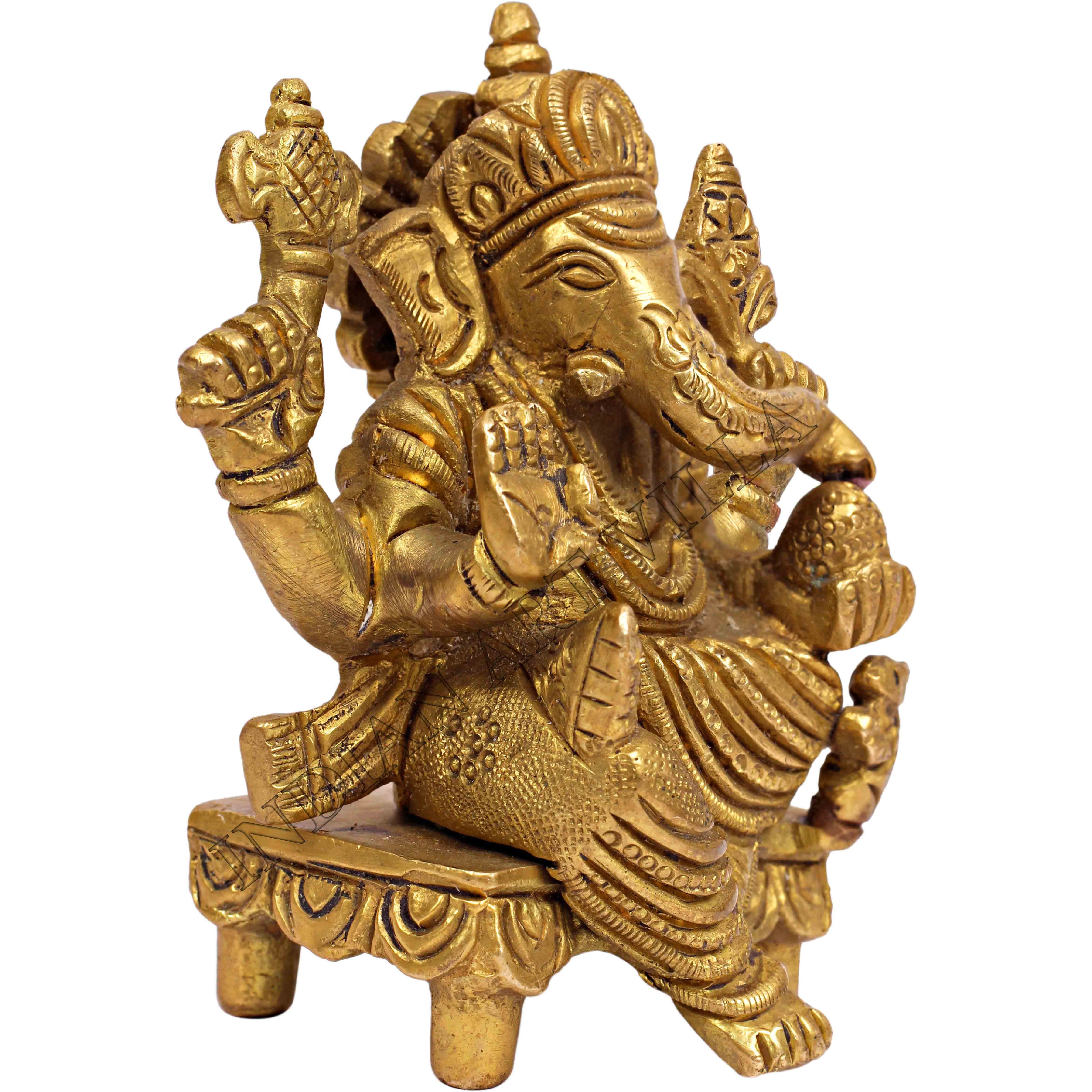 IndianArtVilla Handmade Brass God Ganesha Vinayaka God Idolheight 3.2  Gold