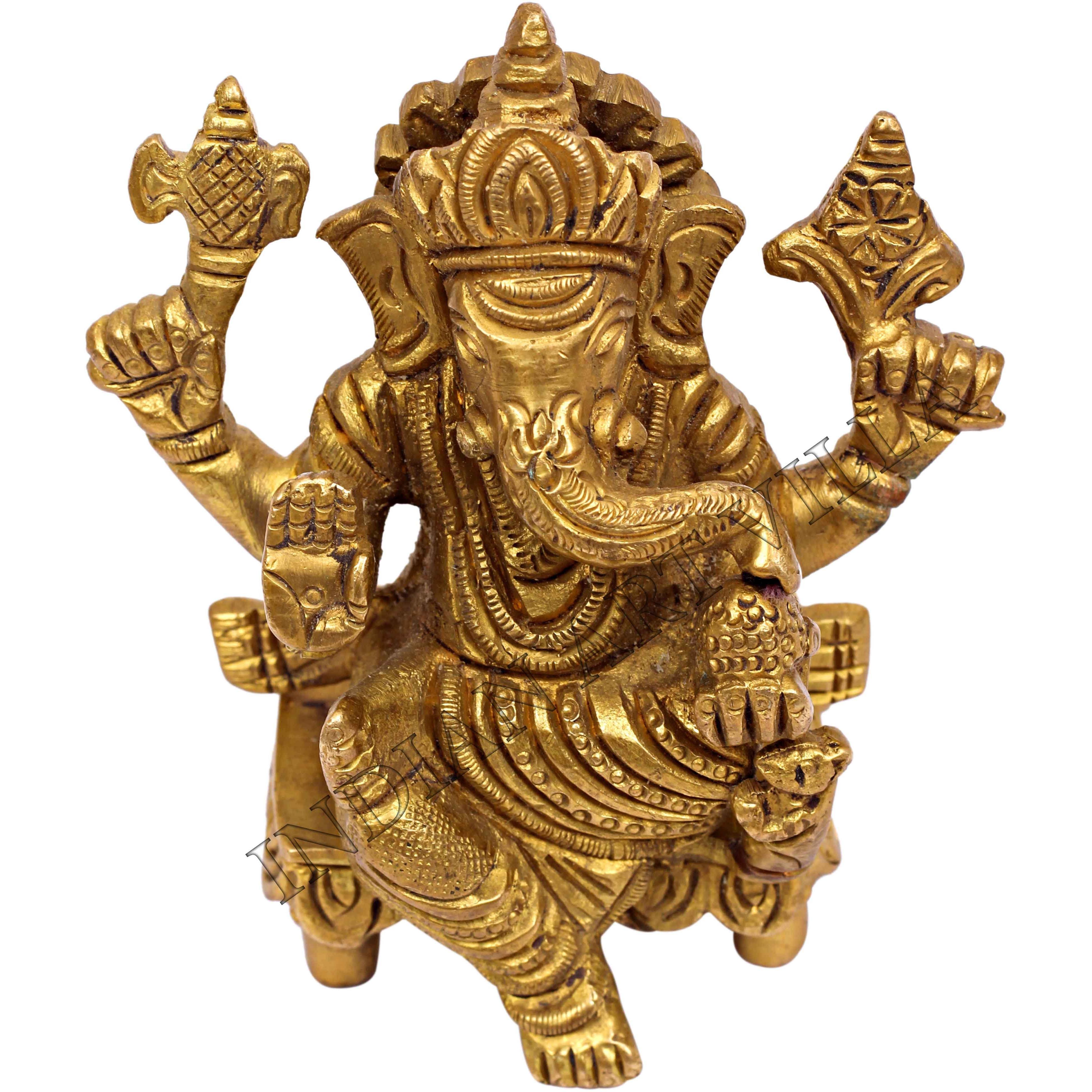 IndianArtVilla Handmade Brass God Ganesha Vinayaka God Idolheight 3.2  Gold