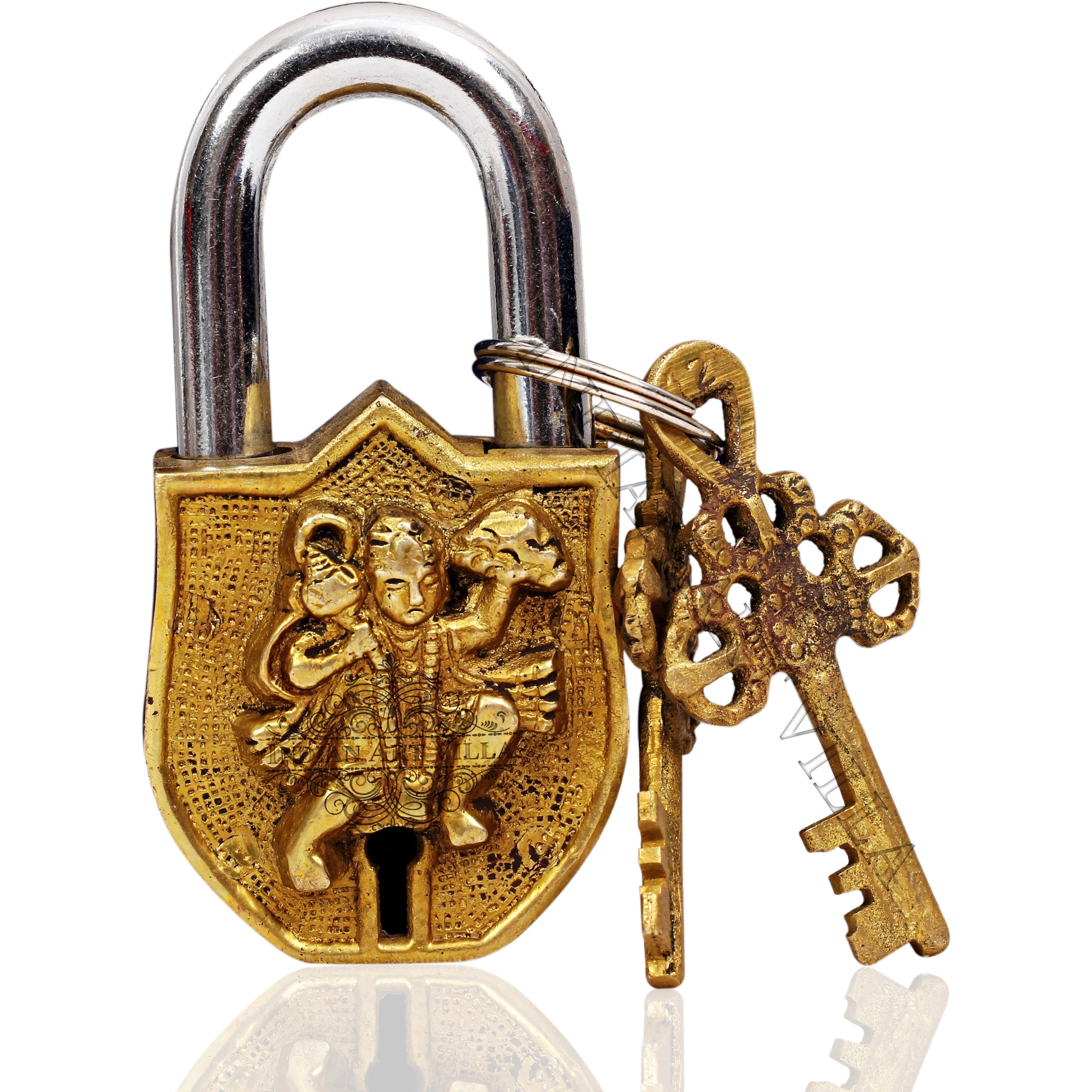 IndianArtVilla Lord Hanuman Design Round Brass Security Pad chatar sword designer