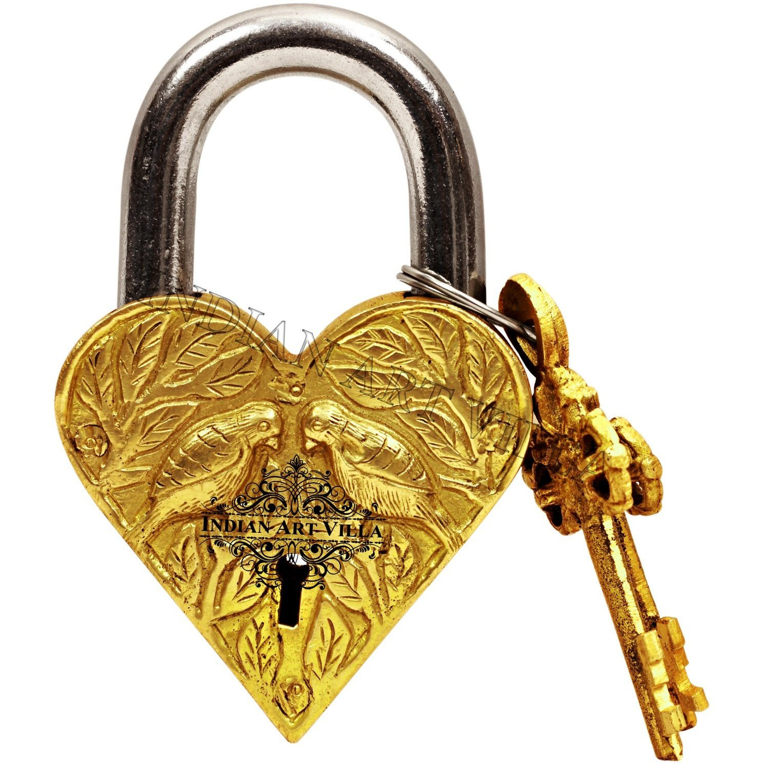 IndianArtVilla Heart Shape Pair of Parrot Design Brass Pad chatar sword designer with 2 Keys