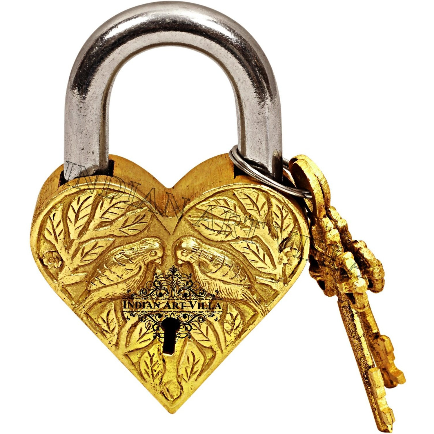 IndianArtVilla Heart Shape Pair of Parrot Design Brass Pad chatar sword designer with 2 Keys