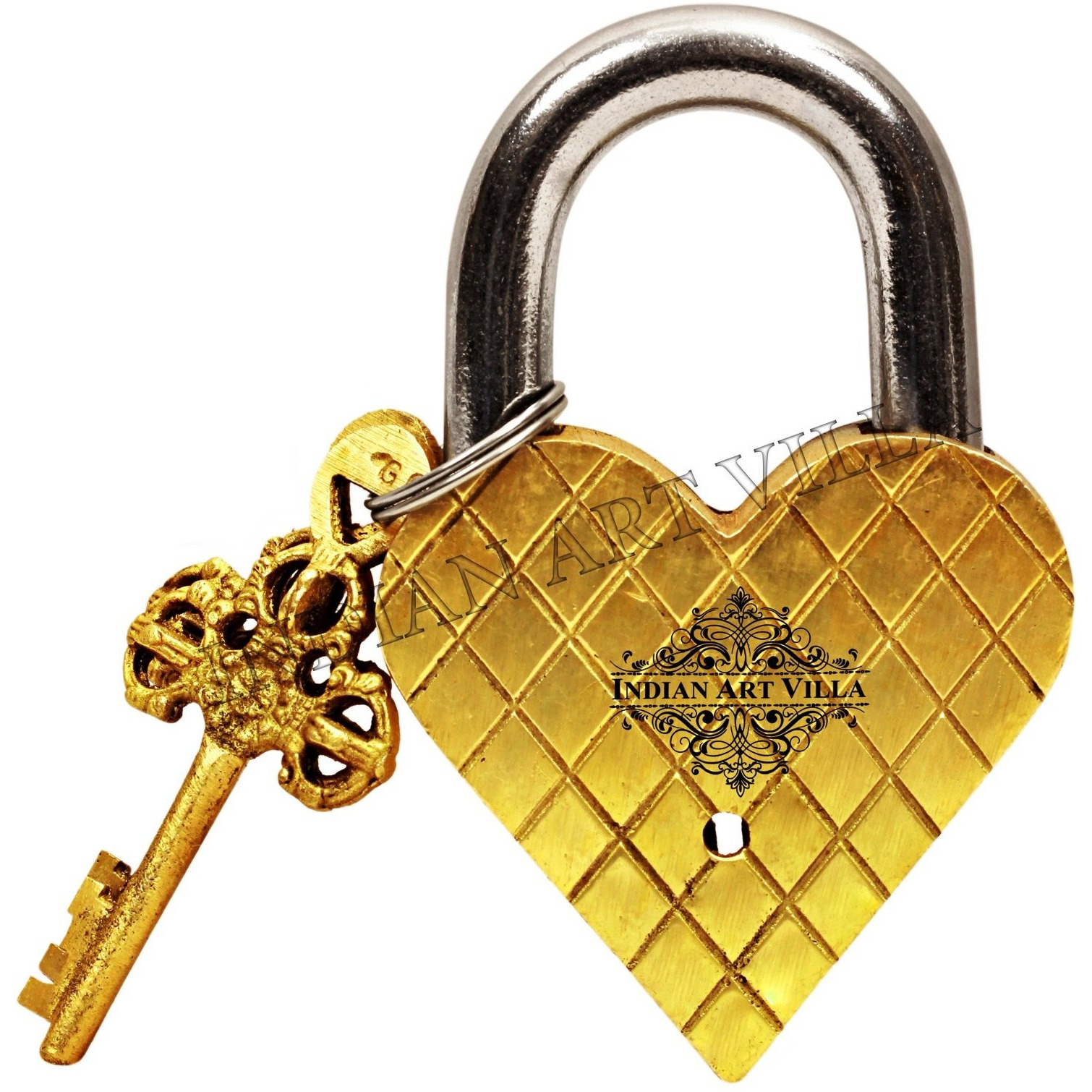 IndianArtVilla Heart Shape Pair of Parrot Design Brass Pad chatar sword designer with 2 Keys
