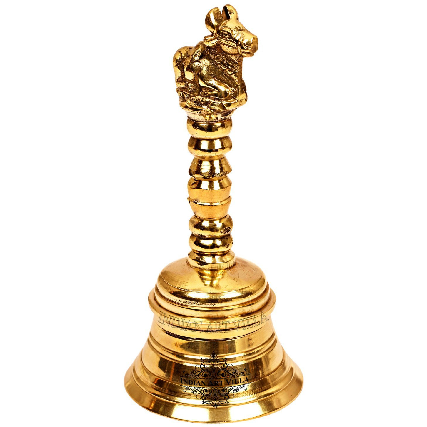IndianArtVilla Brass Pooja Bell Ghanti with Nandi sitting on top5.5'' Inch