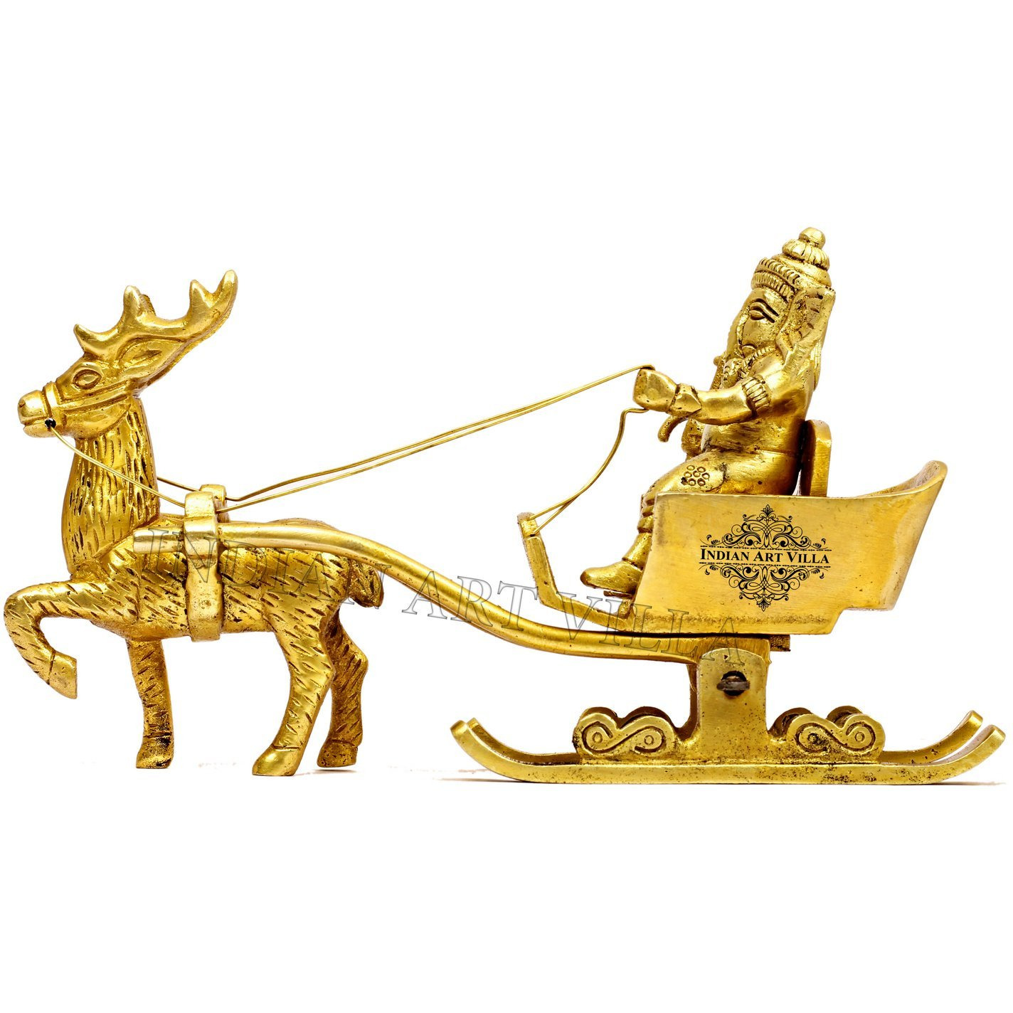 IndianArtVilla Brass Ganesh Ji Idol Miniature on Reindeer SleighDia. 7'' Inch