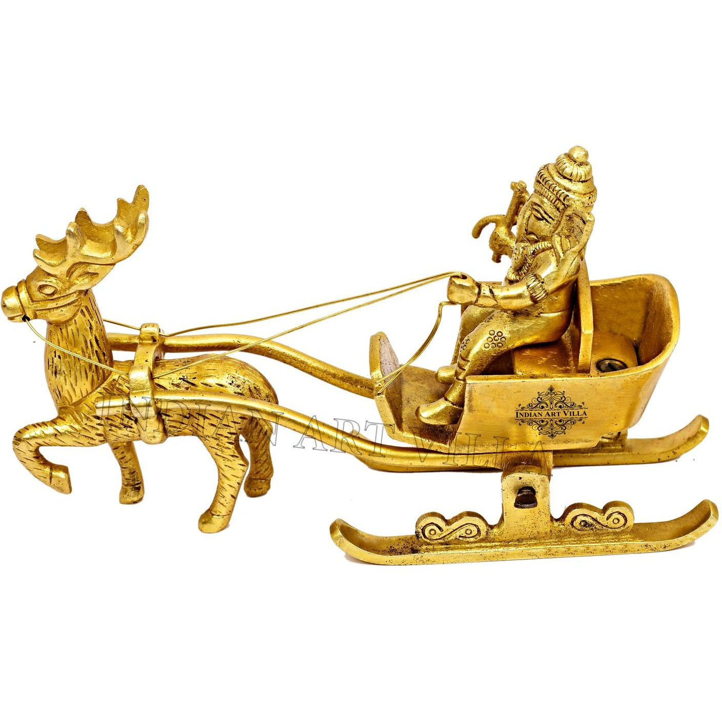 IndianArtVilla Brass Ganesh Ji Idol Miniature on Reindeer SleighDia. 7'' Inch