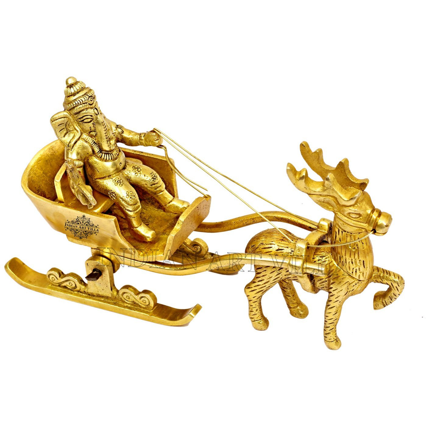 IndianArtVilla Brass Ganesh Ji Idol Miniature on Reindeer SleighDia. 7'' Inch