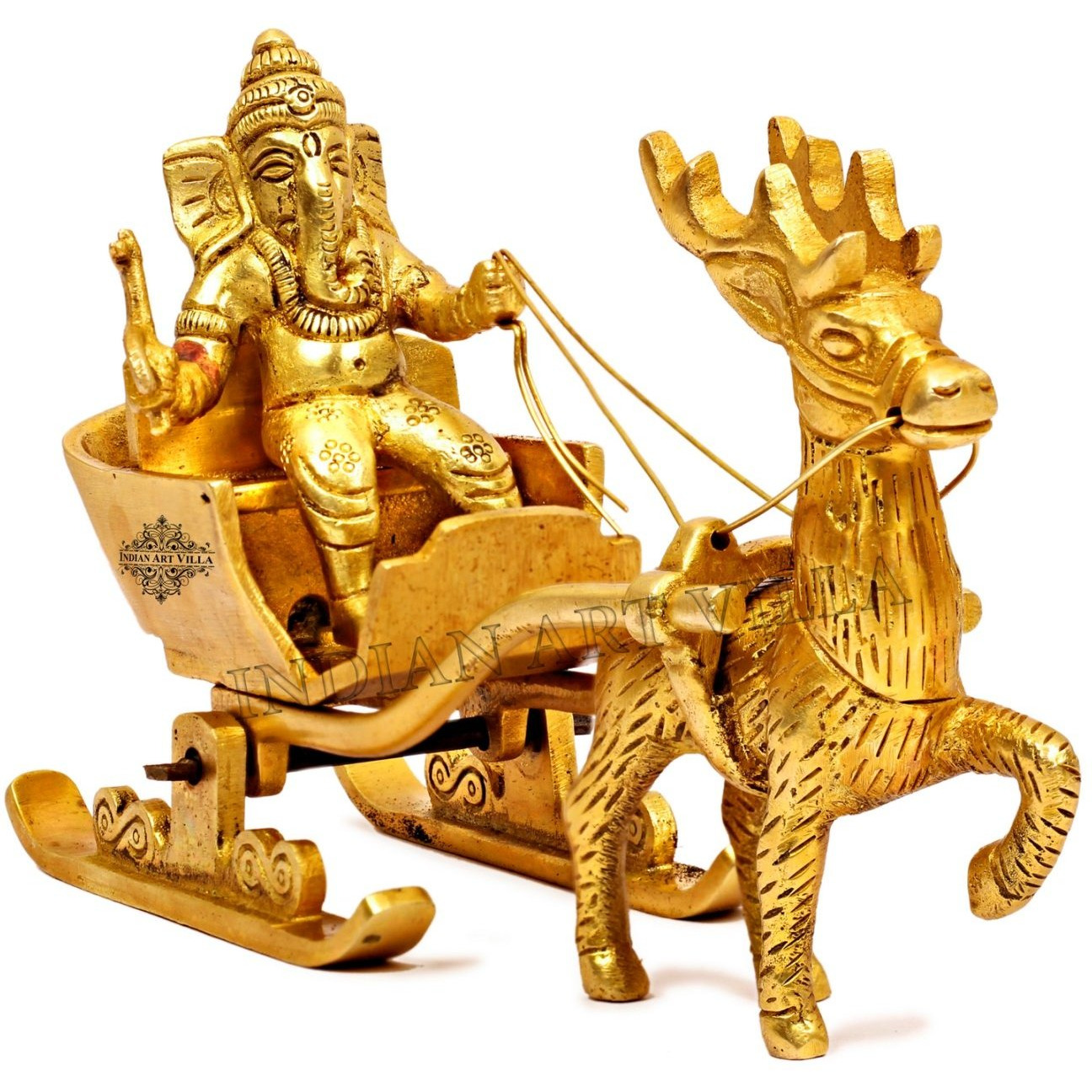 IndianArtVilla Brass Ganesh Ji Idol Miniature on Reindeer SleighDia. 7'' Inch