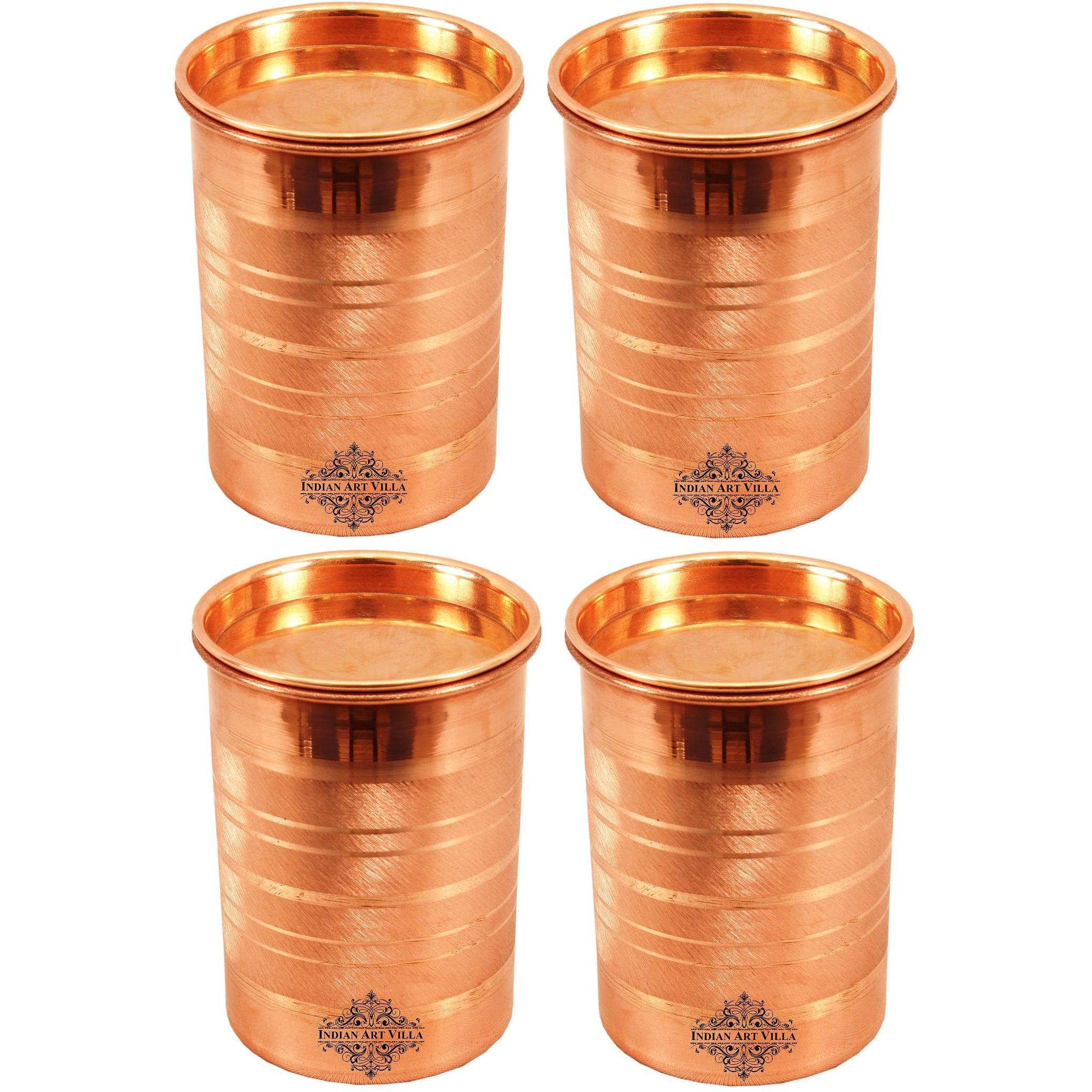 IndianArtVilla Copper Glass Tumbler Cup With Lid SetYoga Ayurveda 4 Pieces