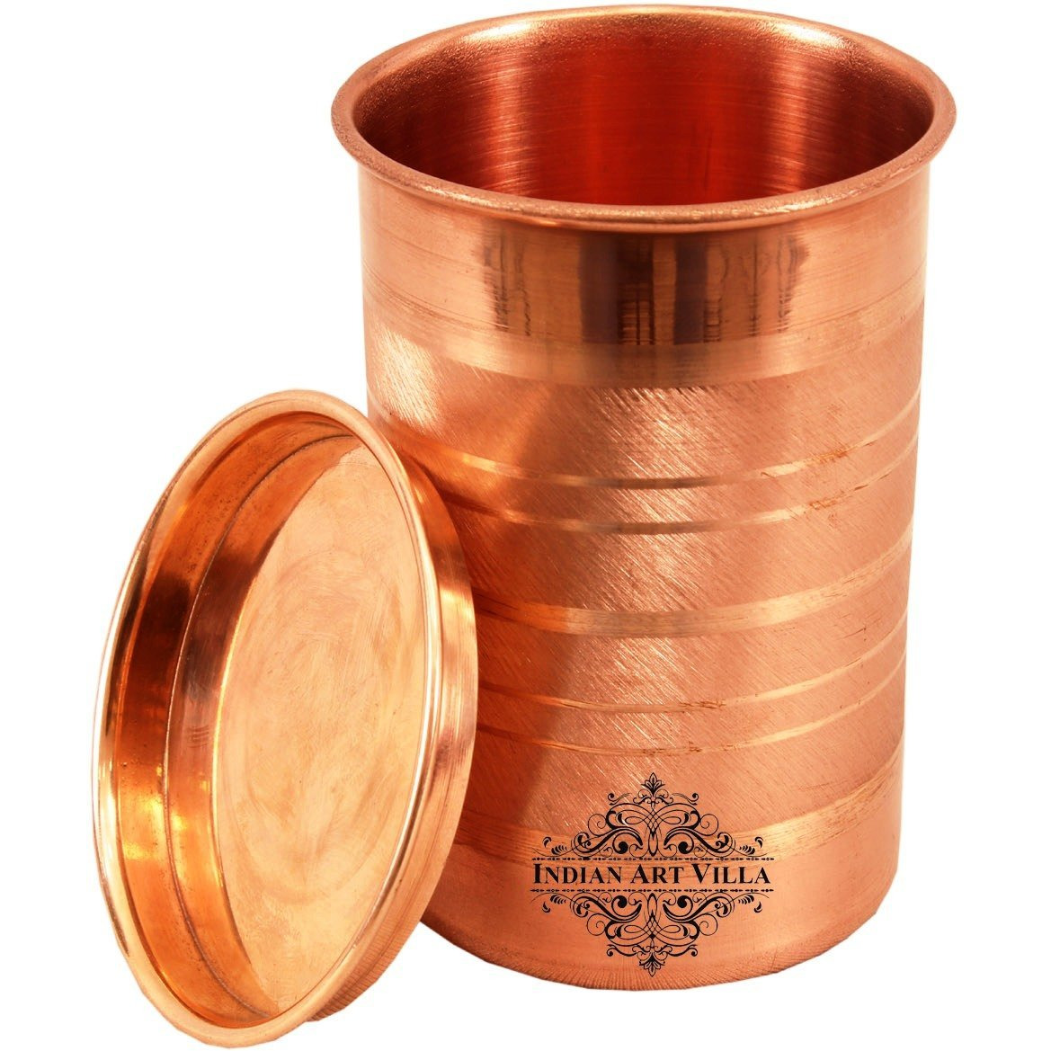 IndianArtVilla Copper Glass Tumbler Cup With Lid SetYoga Ayurveda 4 Pieces