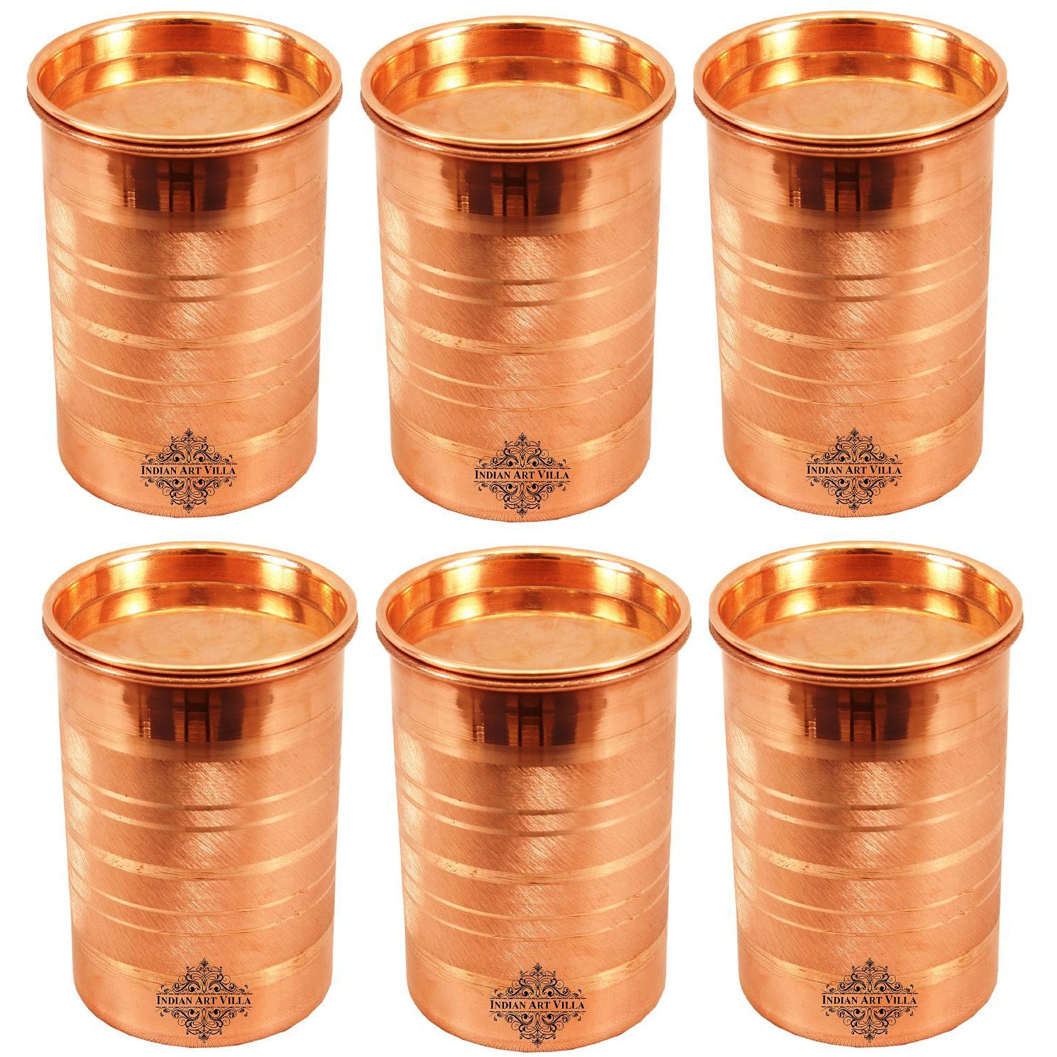 IndianArtVilla Copper Glass Tumbler Cup With Lid SetYoga Ayurveda 6 Pieces