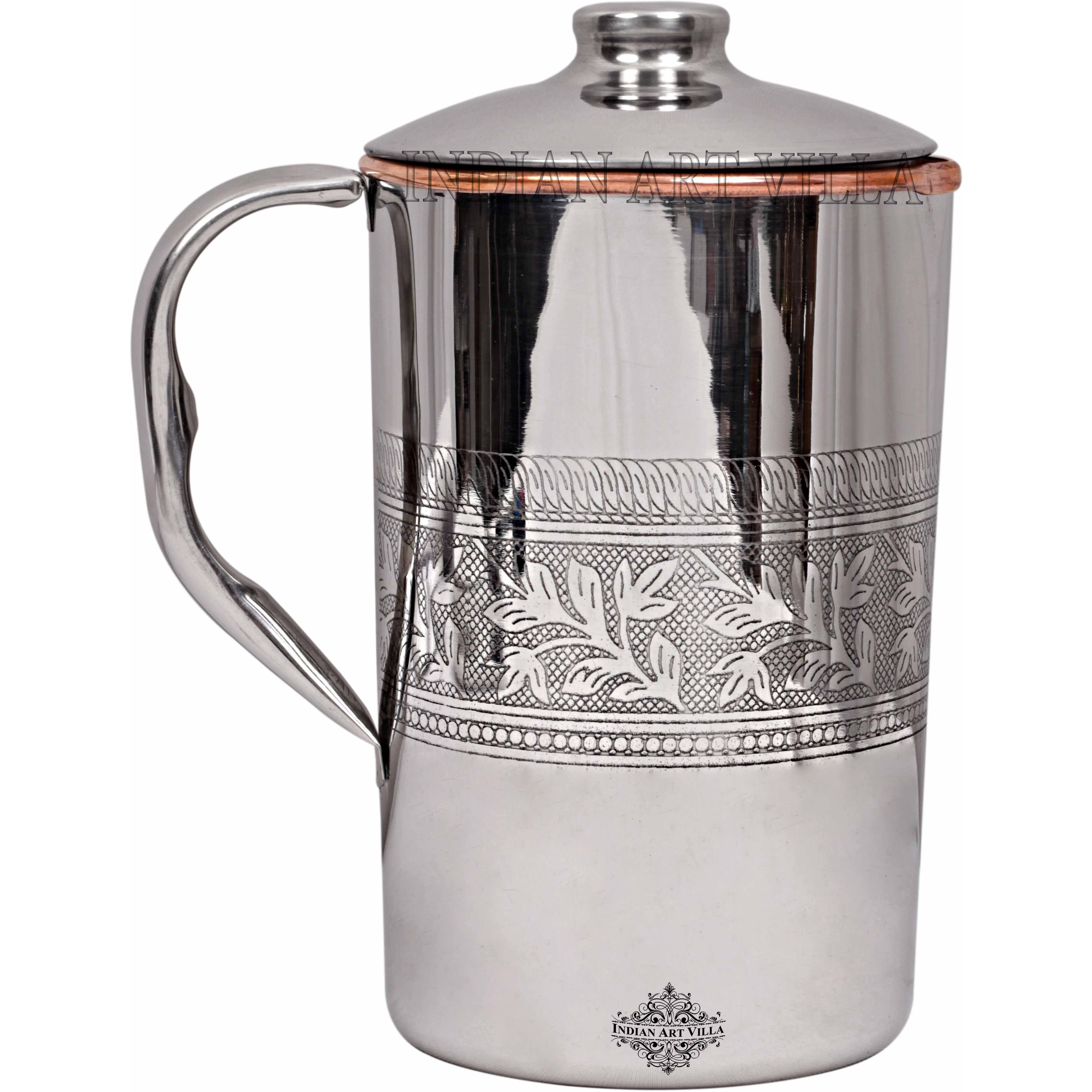 IndianArtVilla Steel Copper Embossed Jug Pitcher, 67Oz