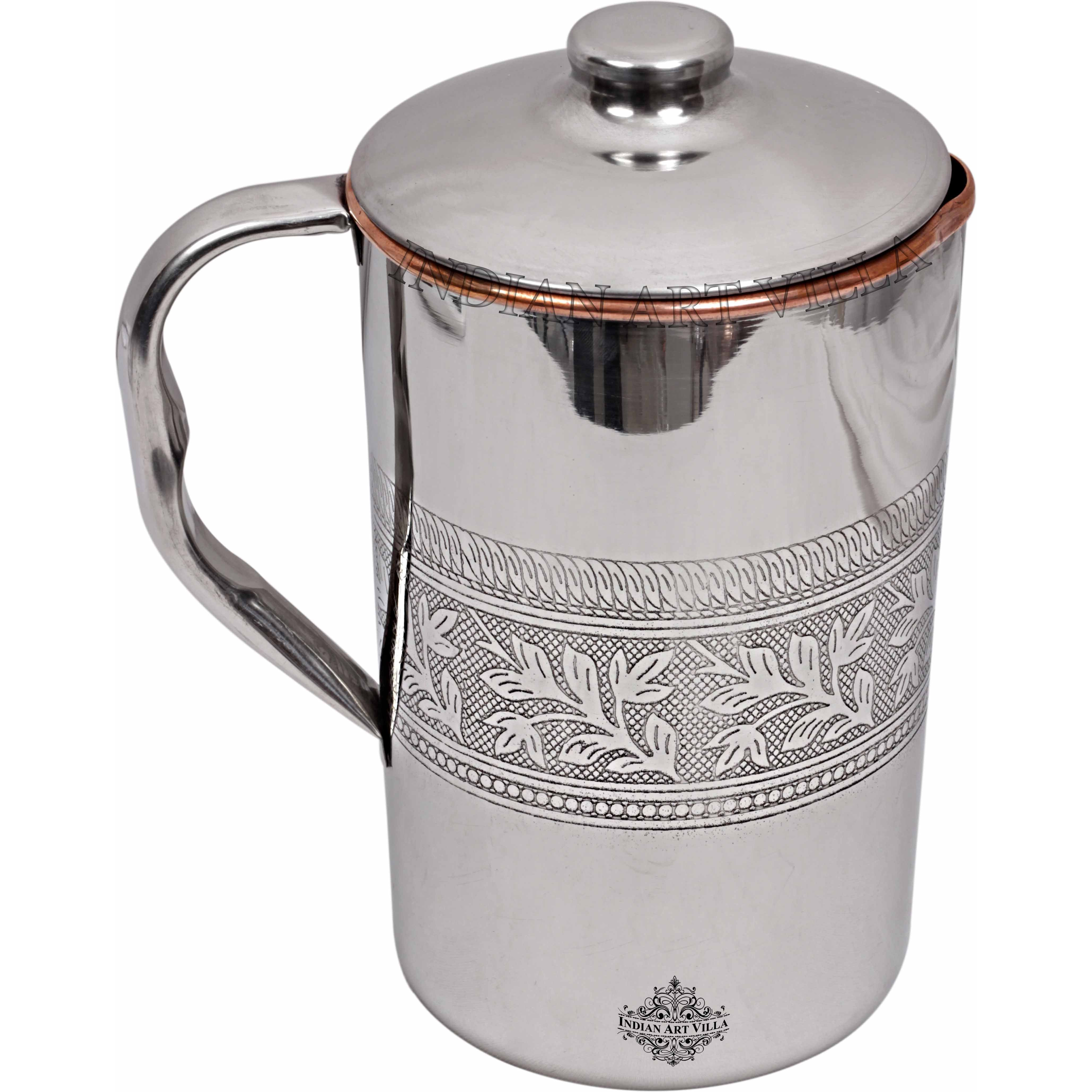 IndianArtVilla Steel Copper Embossed Jug Pitcher, 67Oz