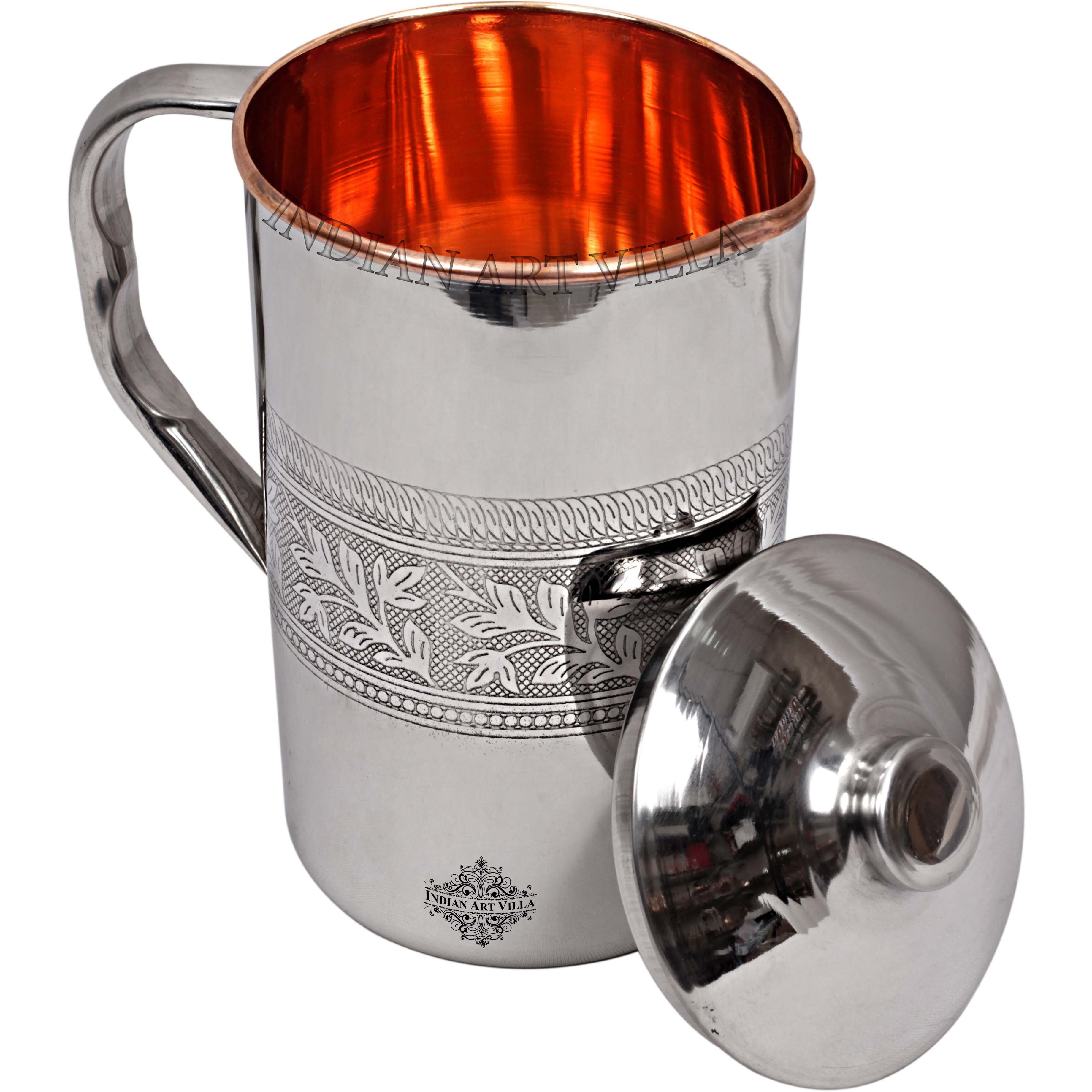 IndianArtVilla Steel Copper Embossed Jug Pitcher, 67Oz