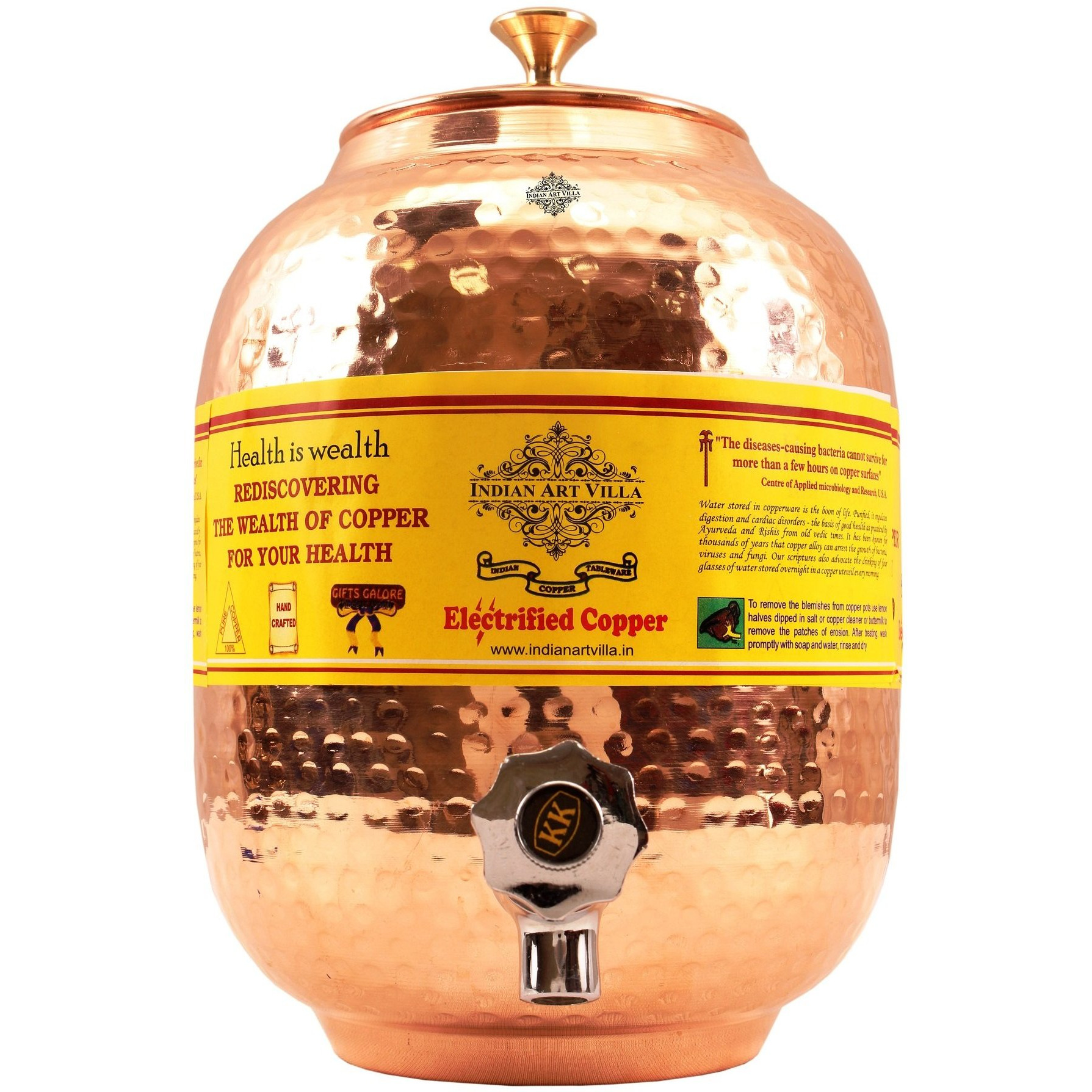 IndianArtVilla Copper Water Dispenser Container Pot(Brass Lid), 297Oz