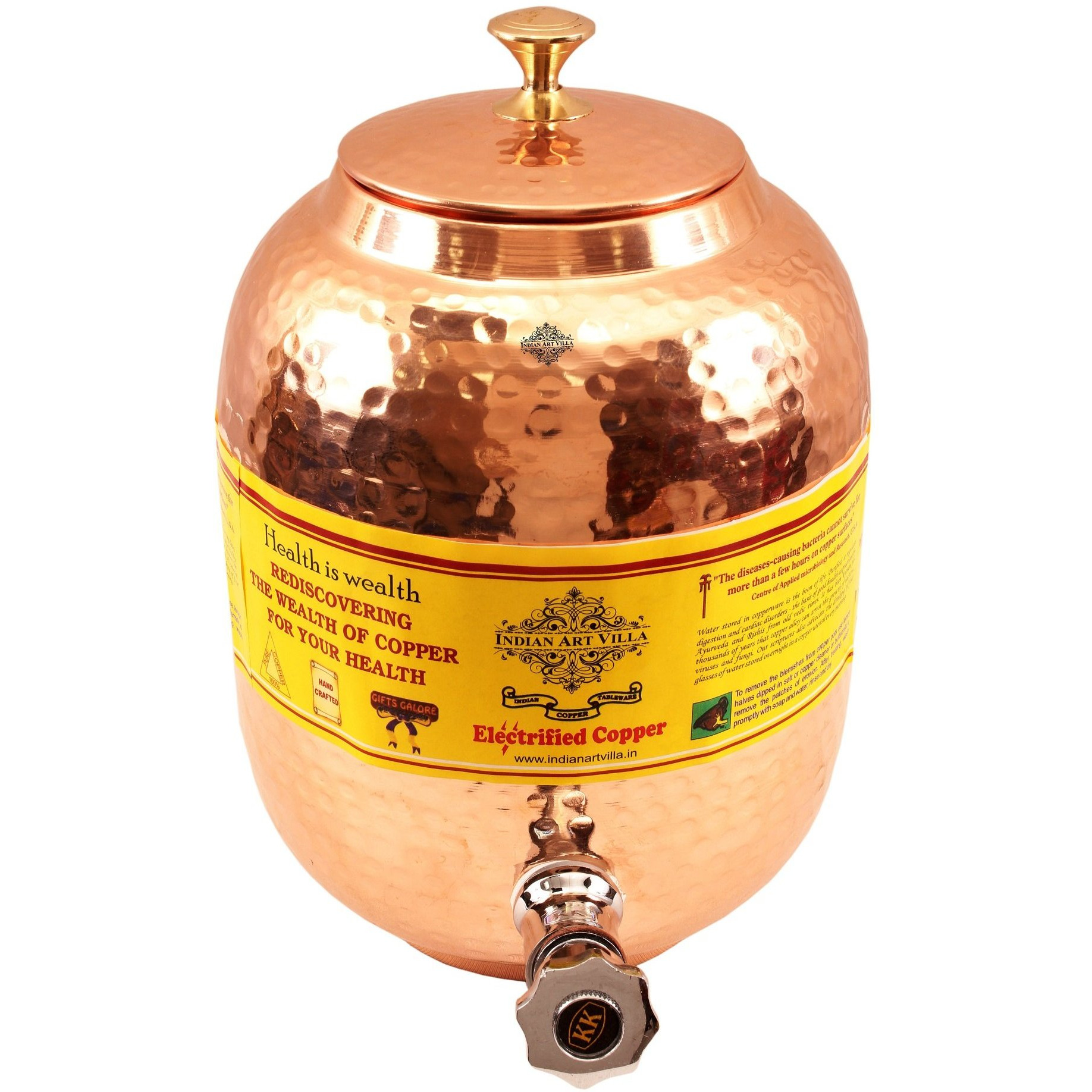 IndianArtVilla Copper Water Dispenser Container Pot(Brass Lid), 297Oz