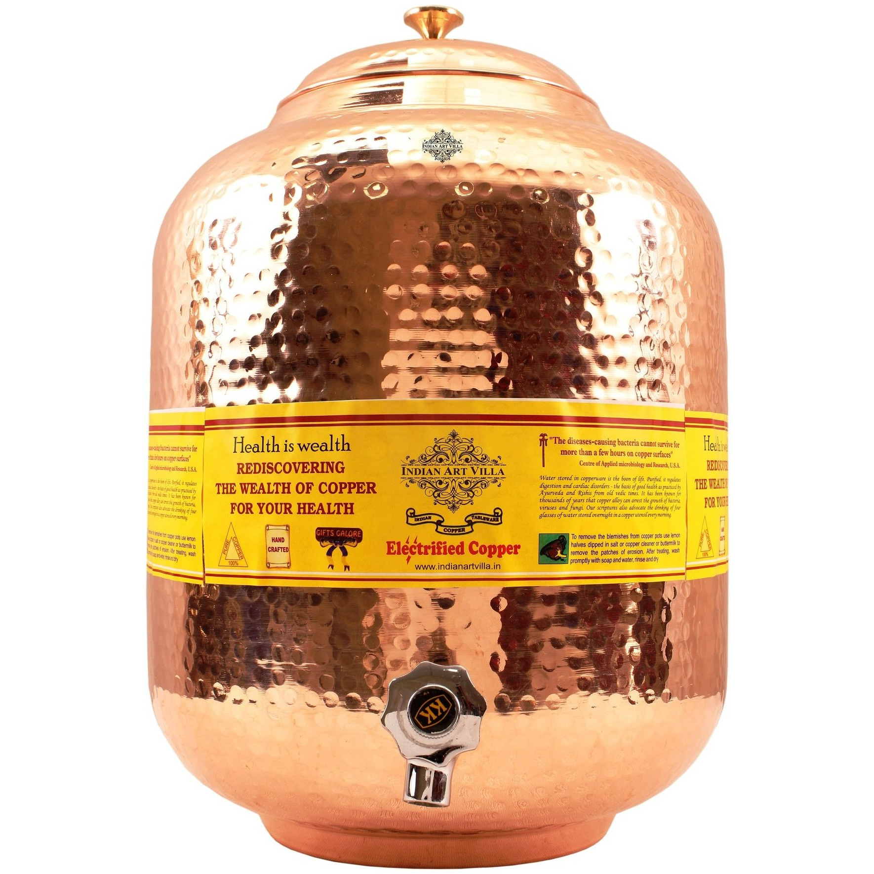 IndianArtVilla Copper Water Dispenser Container Pot(Brass Lid), 608Oz