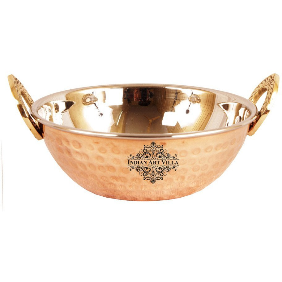 IndianArtVilla Steel Copper Hammered Kadai Wok - 5.1  Dia