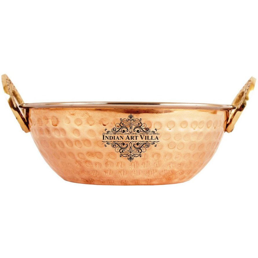 IndianArtVilla Steel Copper Hammered Kadai Wok - 5.1  Dia
