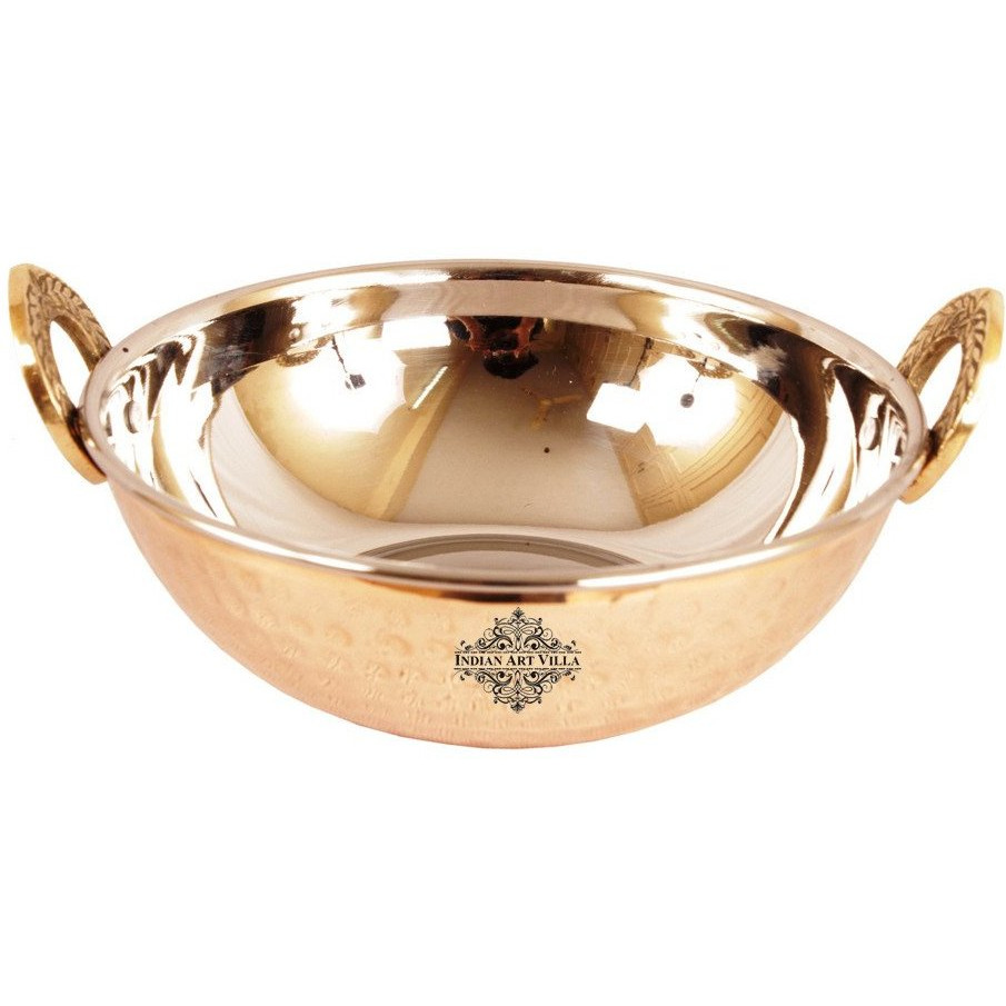 IndianArtVilla Steel Copper Hammered Kadai Wok - 5.1  Dia