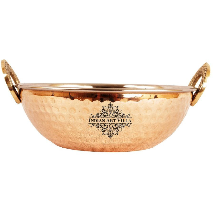 IndianArtVilla Steel Copper Hammered Kadai Wok - 5.1  Dia