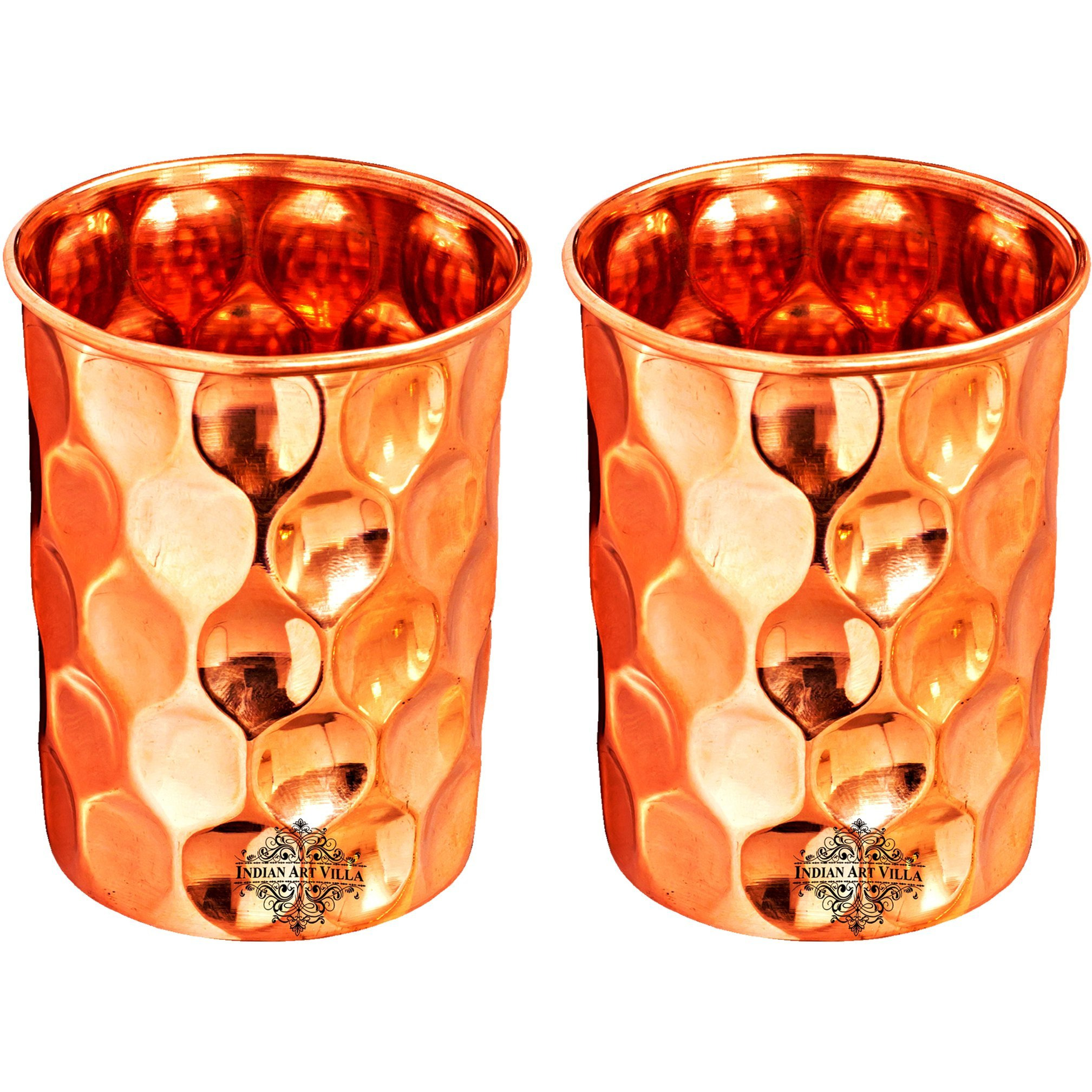 IndianArtVilla  2 Pc. Copper Diamond Hammered Glass Tumbler