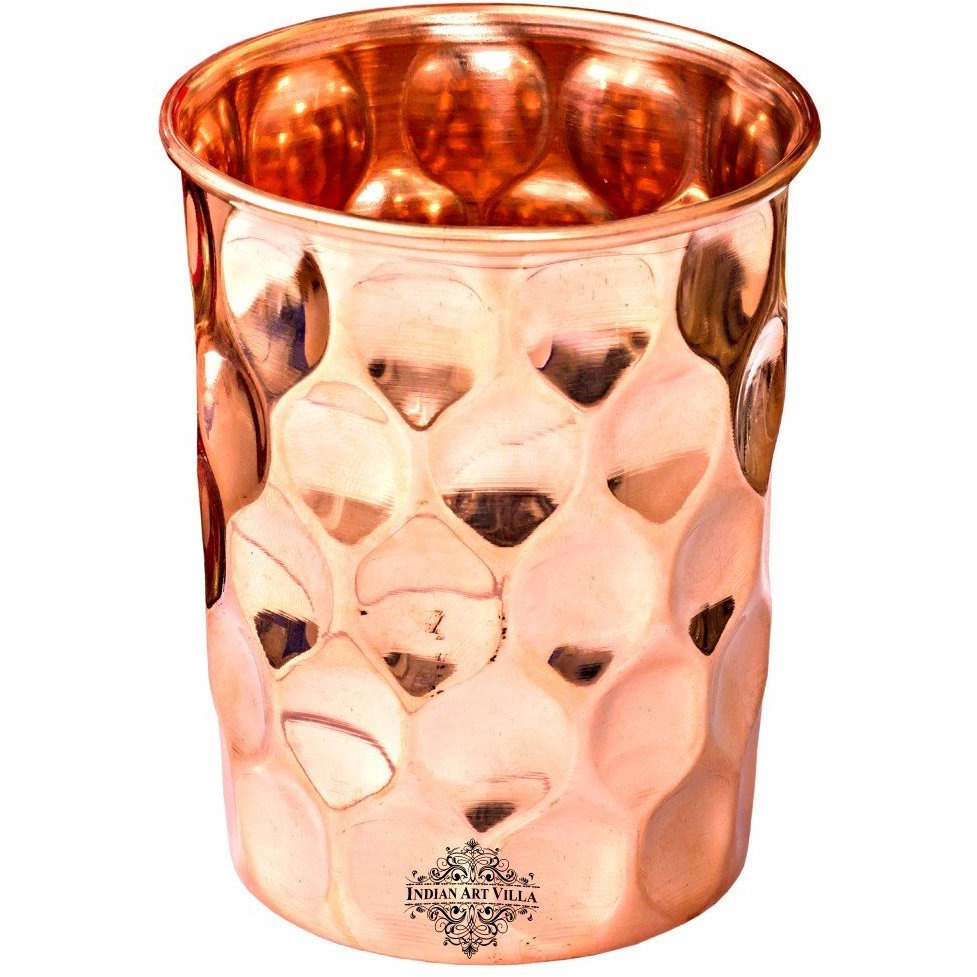 IndianArtVilla  2 Pc. Copper Diamond Hammered Glass Tumbler