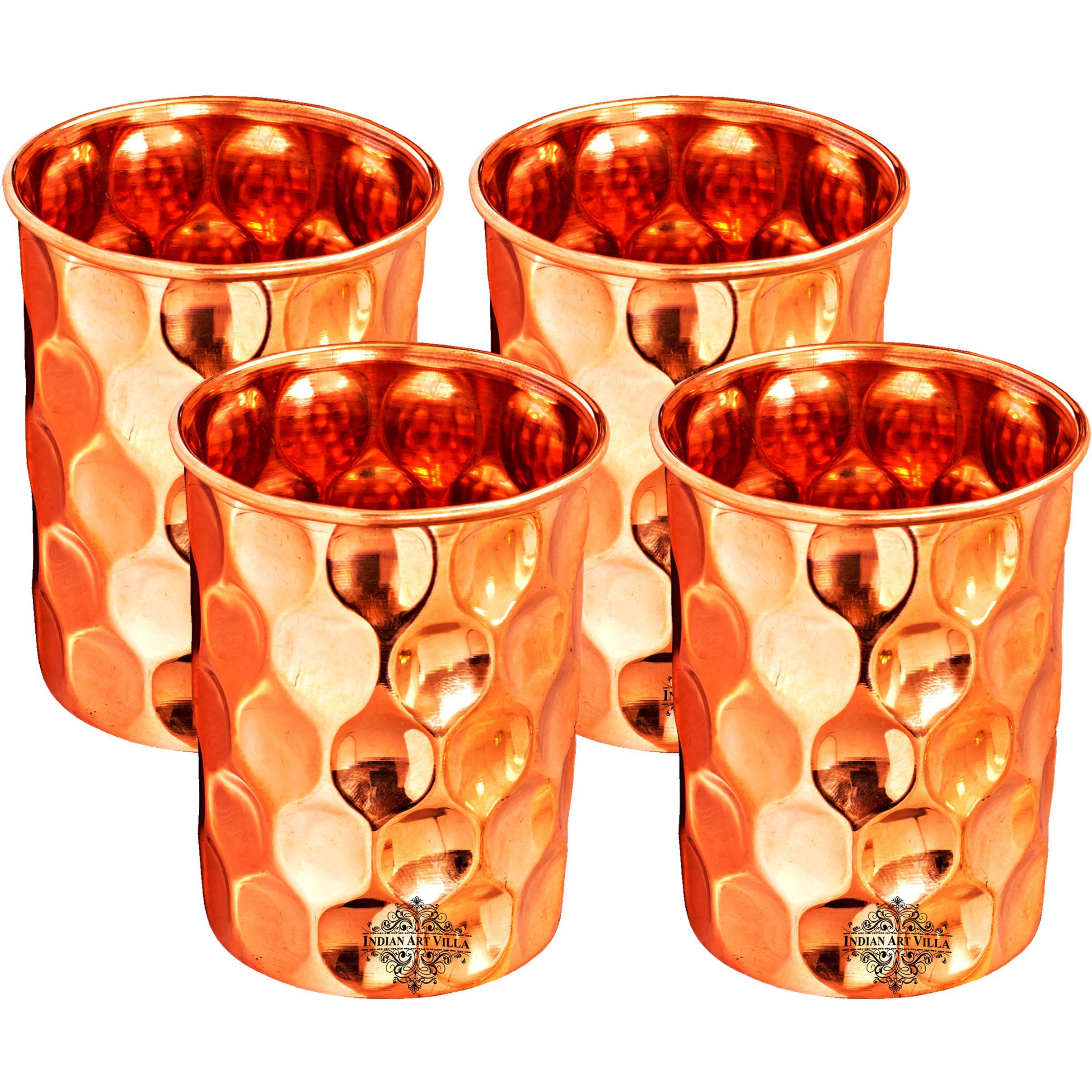 IndianArtVilla  4 Pc. Copper Diamond Hammered Glass Tumbler, 33Oz
