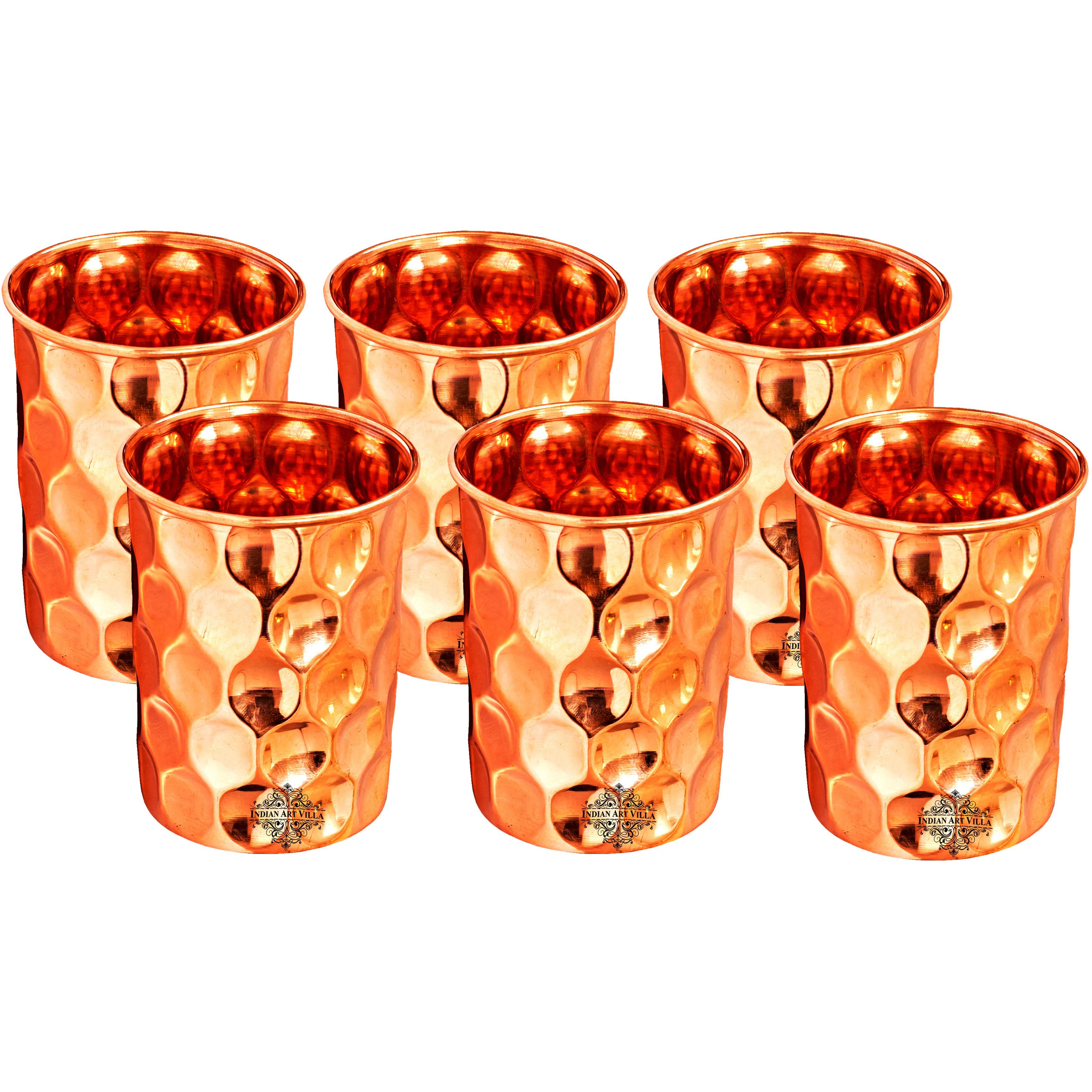 IndianArtVilla  6 Pc. Copper Diamond Hammered Glass Tumbler, 33Oz