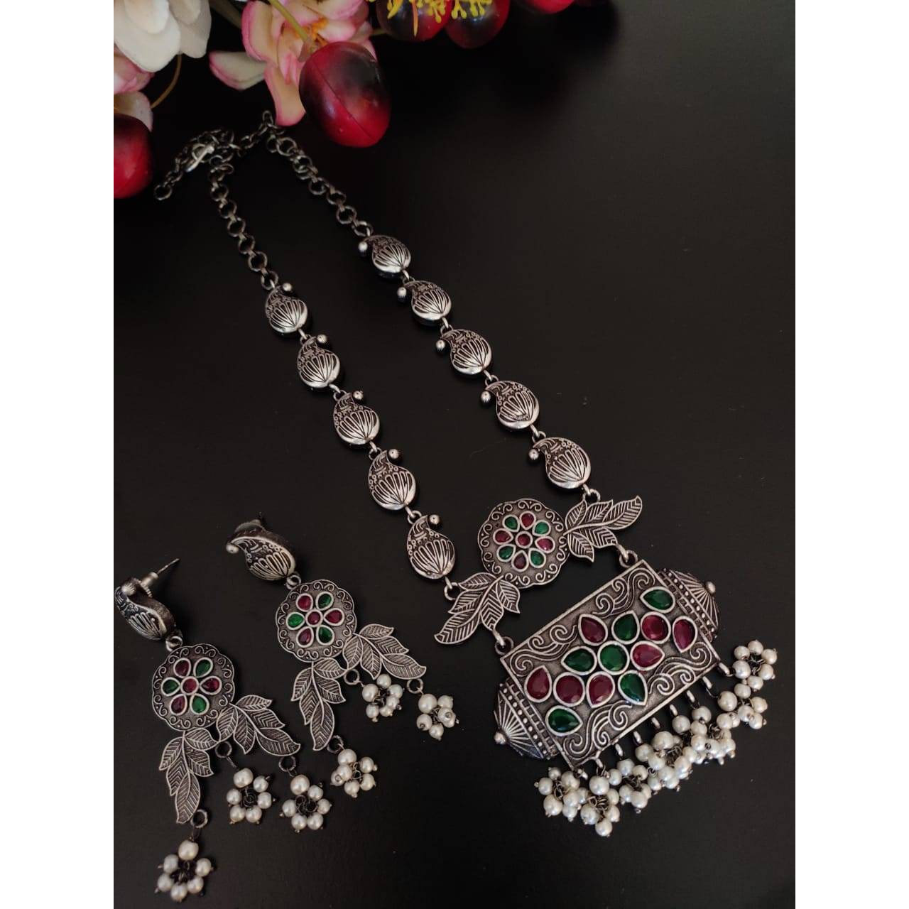 Silver look long necklace set, Indian jewelery, temple jewelry, gifts for her, Bollywood jewellery, antique necklace, Handmade, German silve