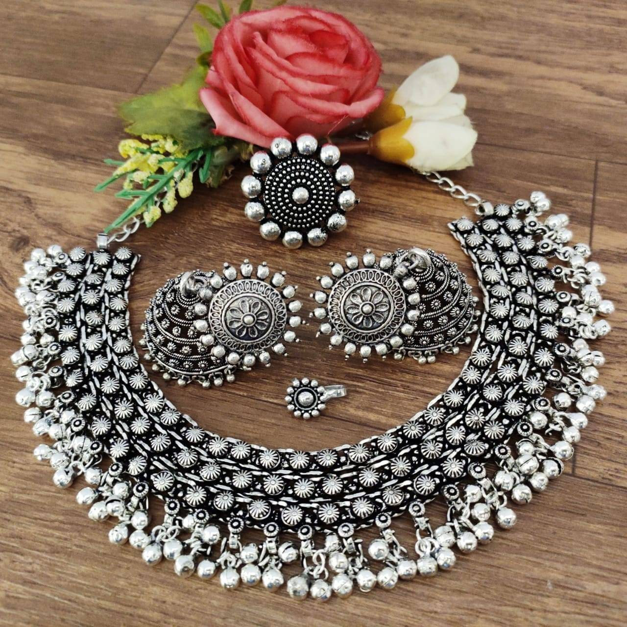 Silver oxidised Ghunghroo choker set, Indian temple jewellery set, German silver, gifts for her, handmade jewelery, jhumki set, necklace set