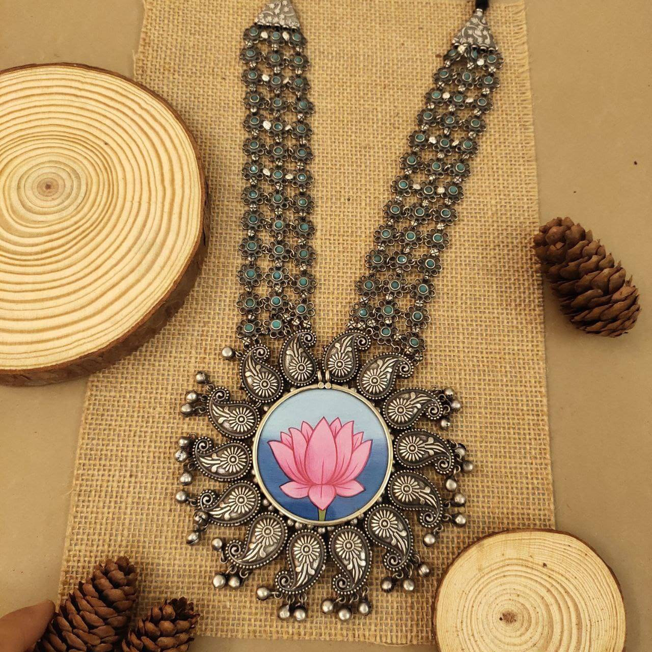 Lotus Flower Long Necklace, Big Pendant Necklace, Boho Tribal Necklace, Boho Jewelry, Elegant Classy Necklace, Silver Necklace, Gift For Her