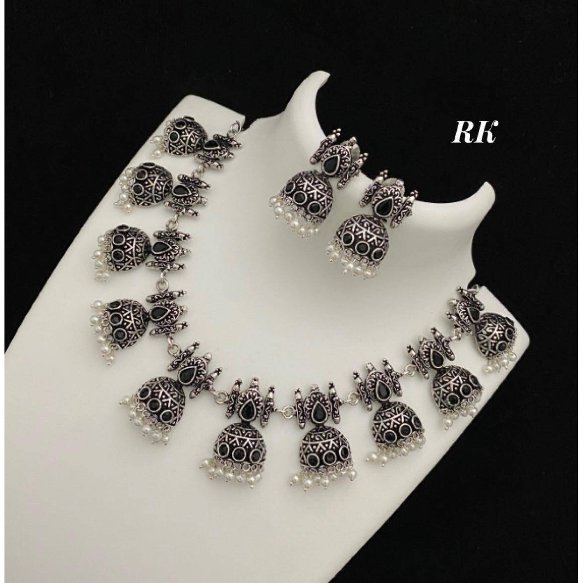 Oxidised Stone studded jhumki necklace, Indian oxidised set, temple jewelry, Handmade Kemp jewelry, antique jewelry, GS German Silver set