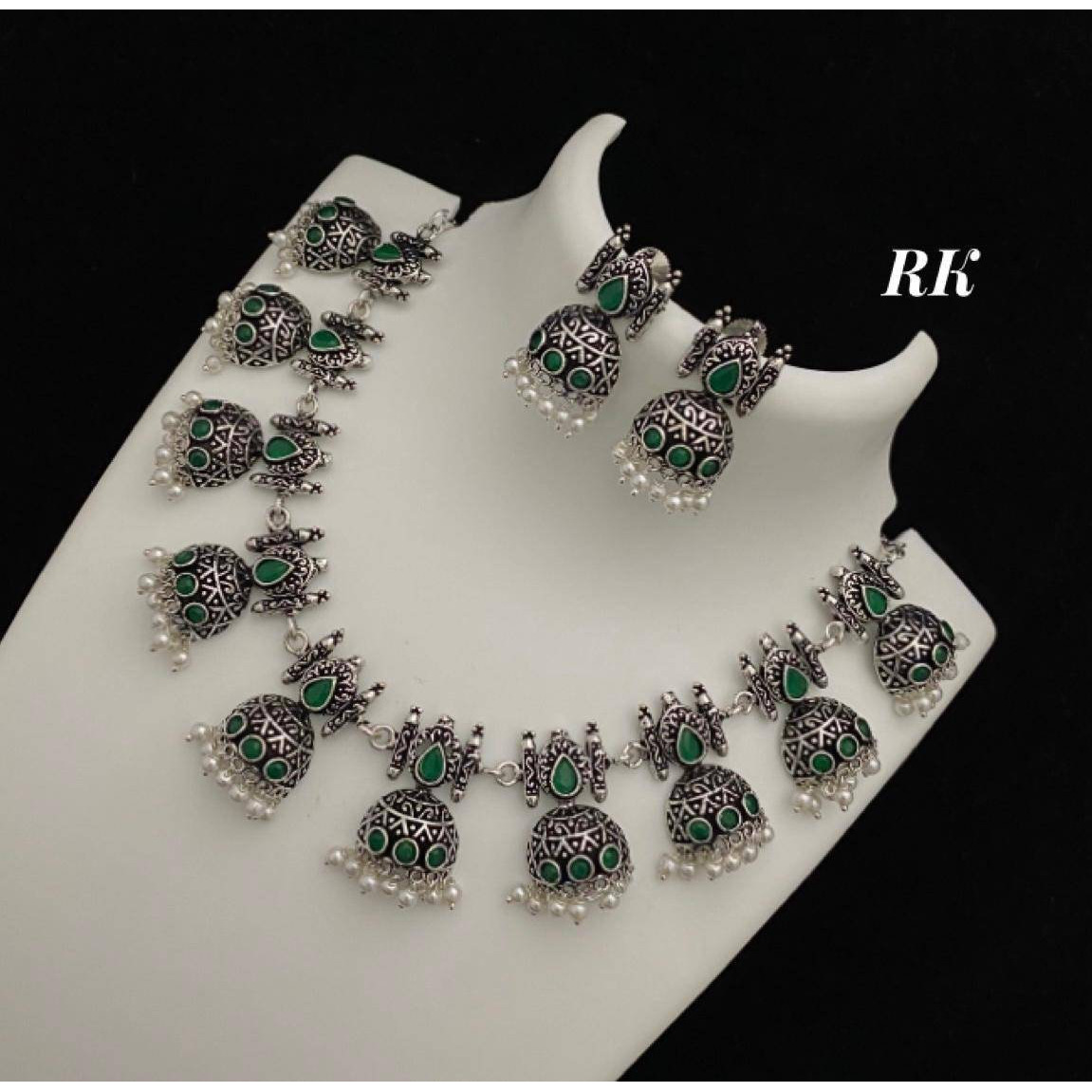 Oxidised Stone studded jhumki necklace, Indian oxidised set, temple jewelry, Handmade Kemp jewelry, antique jewelry, GS German Silver set