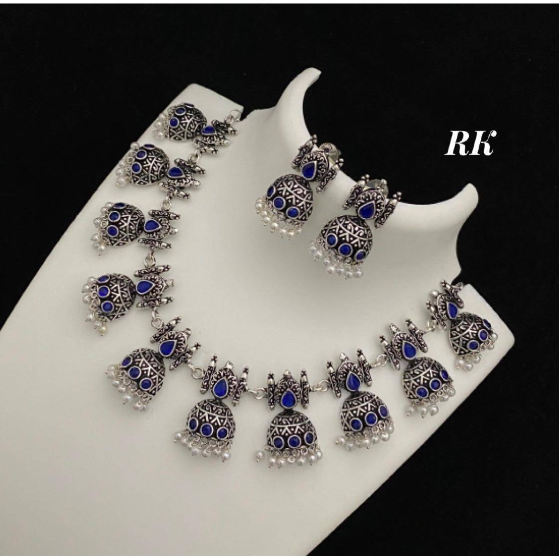 Oxidised Stone studded jhumki necklace, Indian oxidised set, temple jewelry, Handmade Kemp jewelry, antique jewelry, GS German Silver set