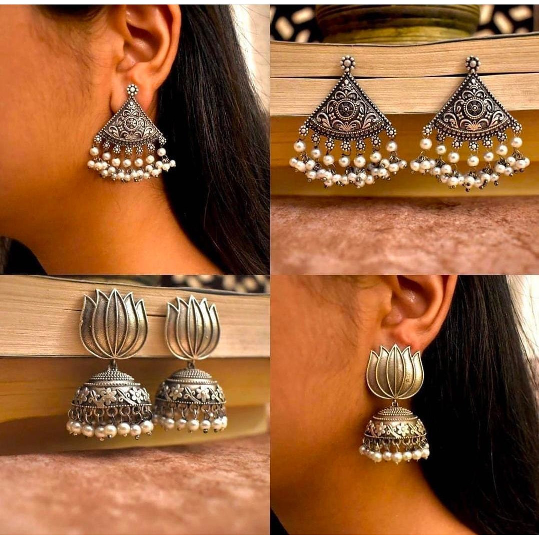 COMBO OF 2 Limited Edition - Traditional Jhumka, Elegant, Unique, Indian & Pakistani Jewelry, Party and Casual Wear, Handmade Silver Jhumki