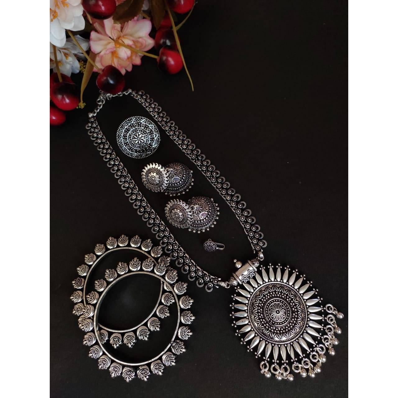 Indian Oxidized German Silver Long Necklace Set of 5| Indian Ethnic Oxidized Silver Black Temple Jewelry |Kolhapuri Boho Tribal Necklace set