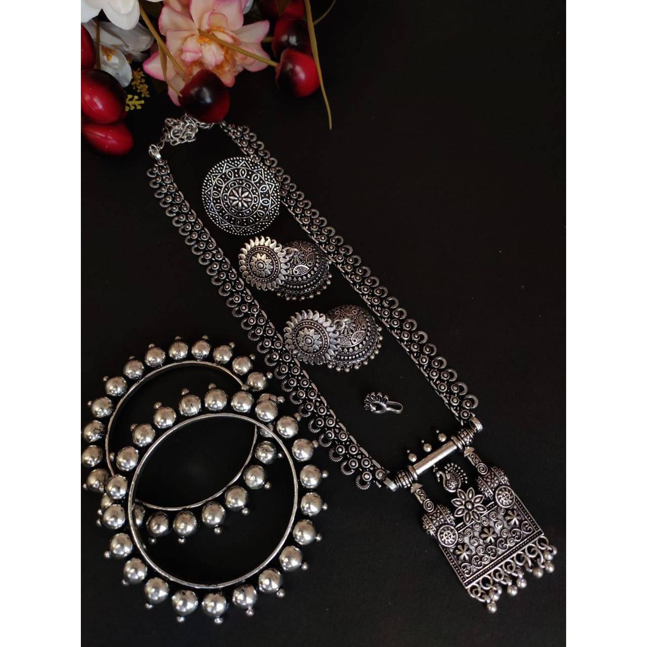 Indian Oxidized German Silver Long Necklace Set of 5| Indian Ethnic Oxidized Silver Black Temple Jewelry |Kolhapuri Boho Tribal Necklace set