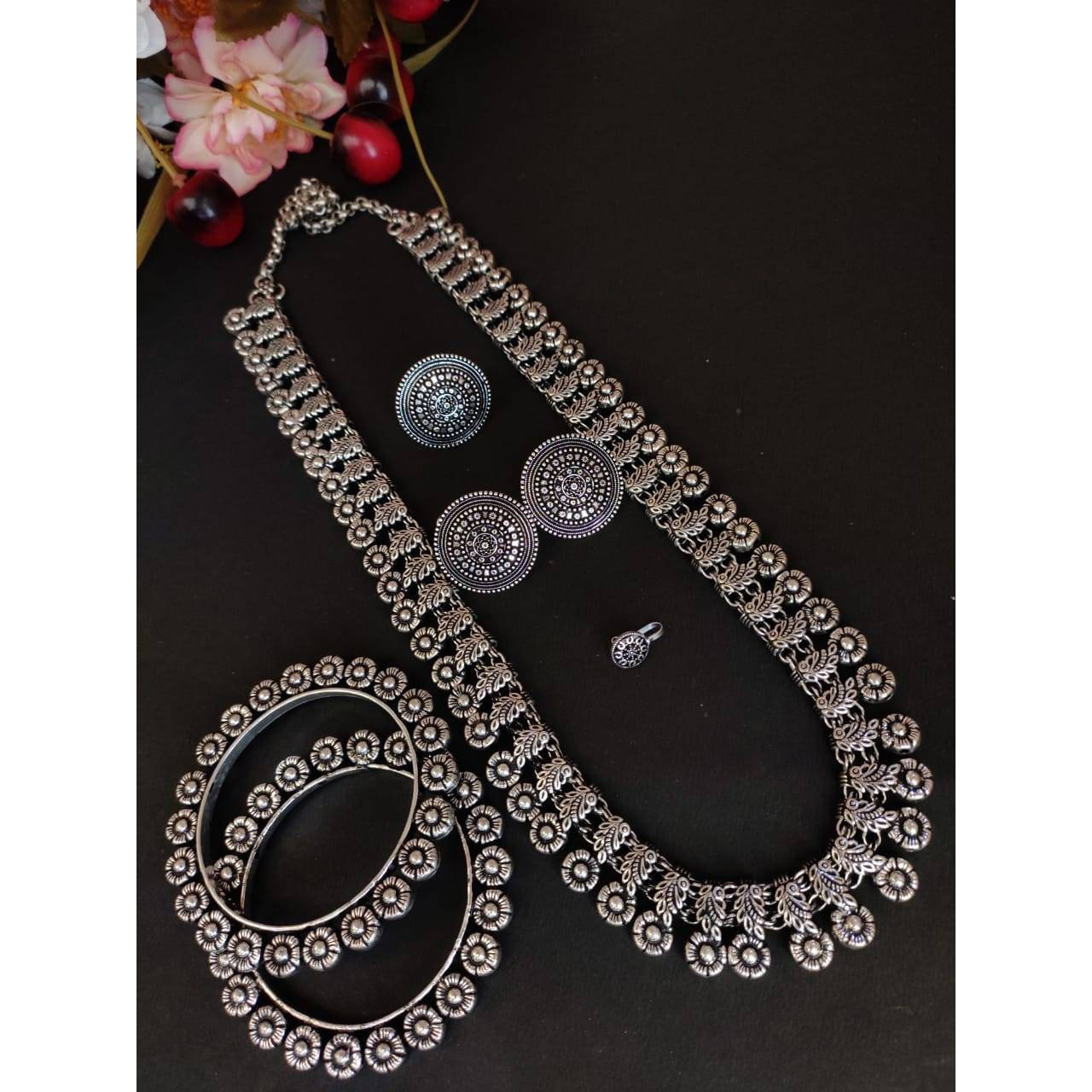 Long Necklace Set, Oxidised Necklace Set, Indian Ethnic  Jewelry, Oxidized Jewelry Set, Temple Jewelry, Wedding Jewelry, Bridal Jewelry
