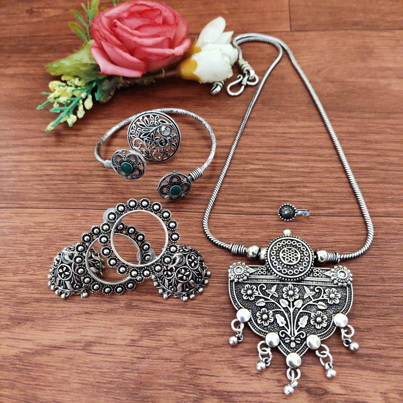 Oxidised jewelry set of 5, Indian ethnic jewelry, German silver jewelry set, SLA, bohemian, temple jewelry, handmade kemp statement jewelry