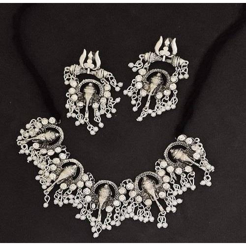 Indian jewellery, Oxidised ganesha necklace set, Indian traditional ethnic jewellery, choker set, silver look handmade set, gifts for her,