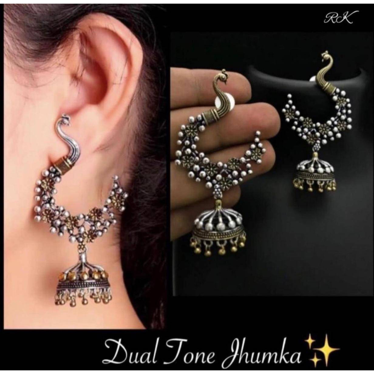 Cute dual tone Earrings, oxidised Indian earrings, jhumki style, handmade silver golden tone, traditional earrings, temple jewelry earrings