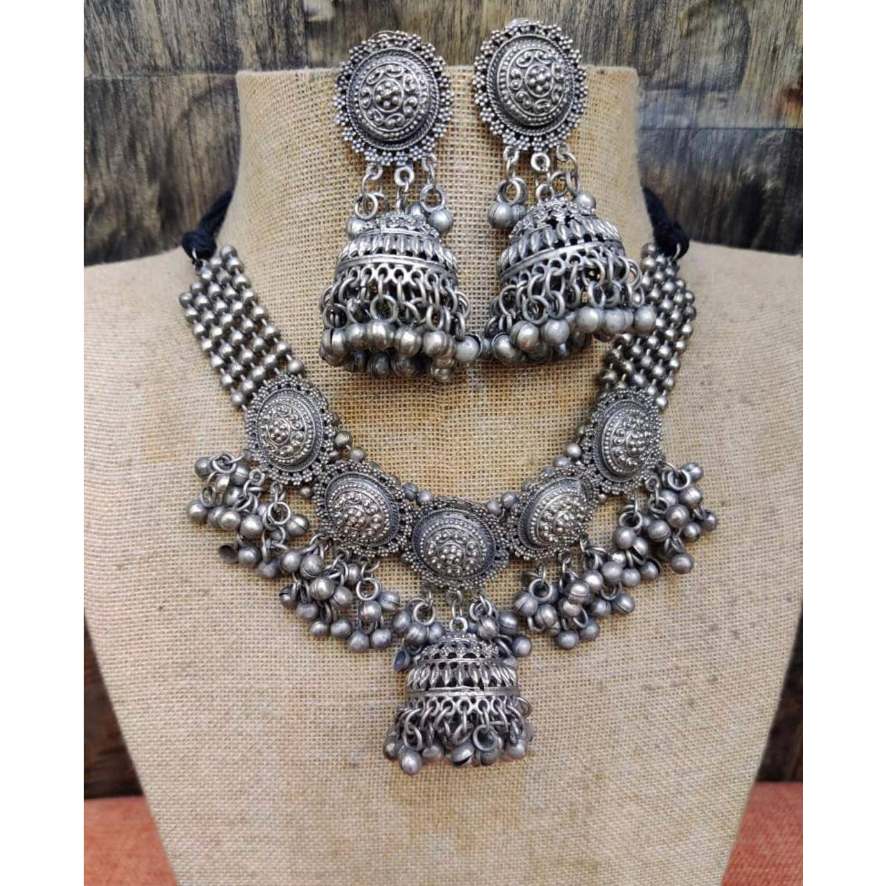 Trendy Indian German Silver oxidised set with Jhumki boho tribal jewelry/ Temple jewellery handmade oxidized choker set/ antique set