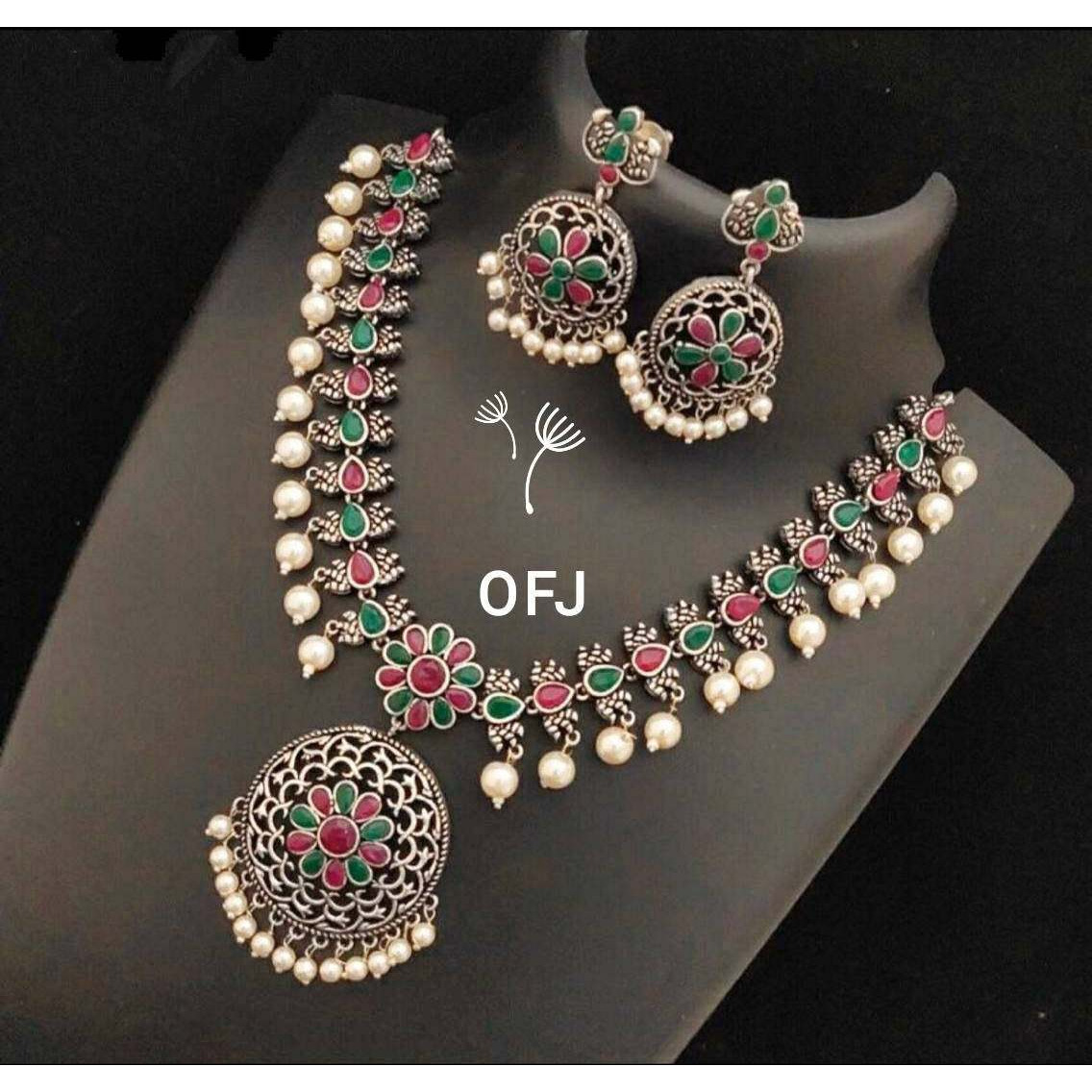Indian Stone and pearl jewelry set, Indian ethnic traditional jewelry set, temple jewelry, kemp jewelry, antique German silver set,gypsy