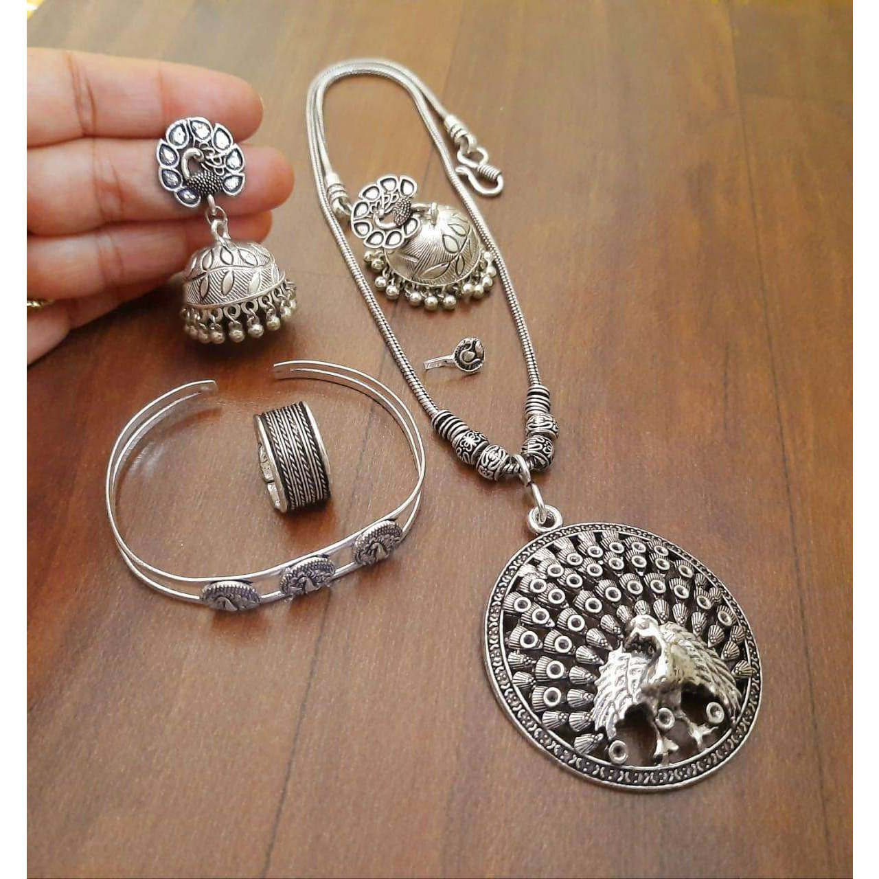 Antique German Silver Indian Traditional Ethnic Oxidized Temple Jewelry Set of 5 Boho Tribal Handmade Handcrafted Oxidized Jewelry