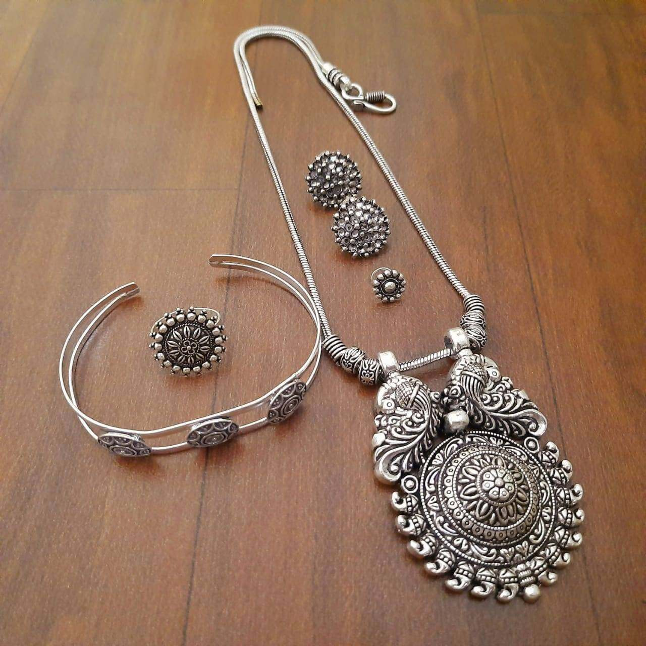 Antique German Silver Indian Traditional Ethnic Oxidized Temple Jewelry Set of 5 Boho Tribal Handmade Handcrafted Oxidized Jewelry