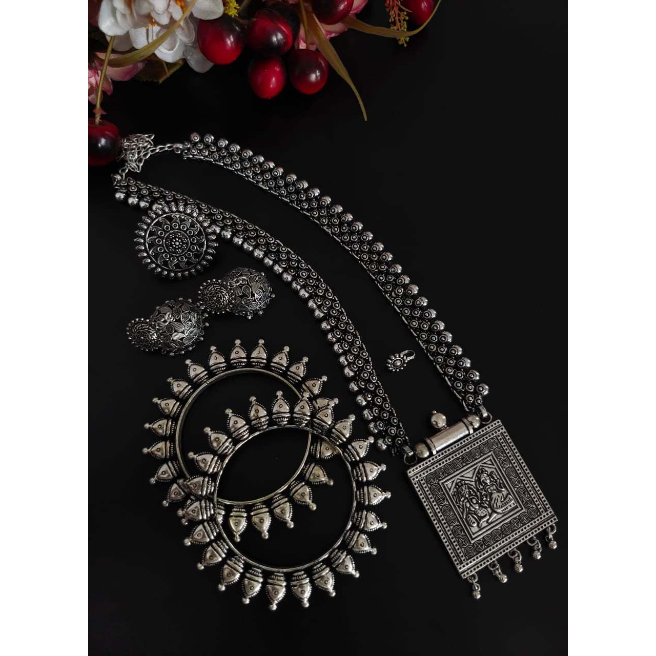 Long Necklace Set, Oxidised Necklace Set, Indian Ethnic Jewelry, Oxidized Jewelry Set, Temple Jewelry, Wedding Jewelry, Bridal Jewelry