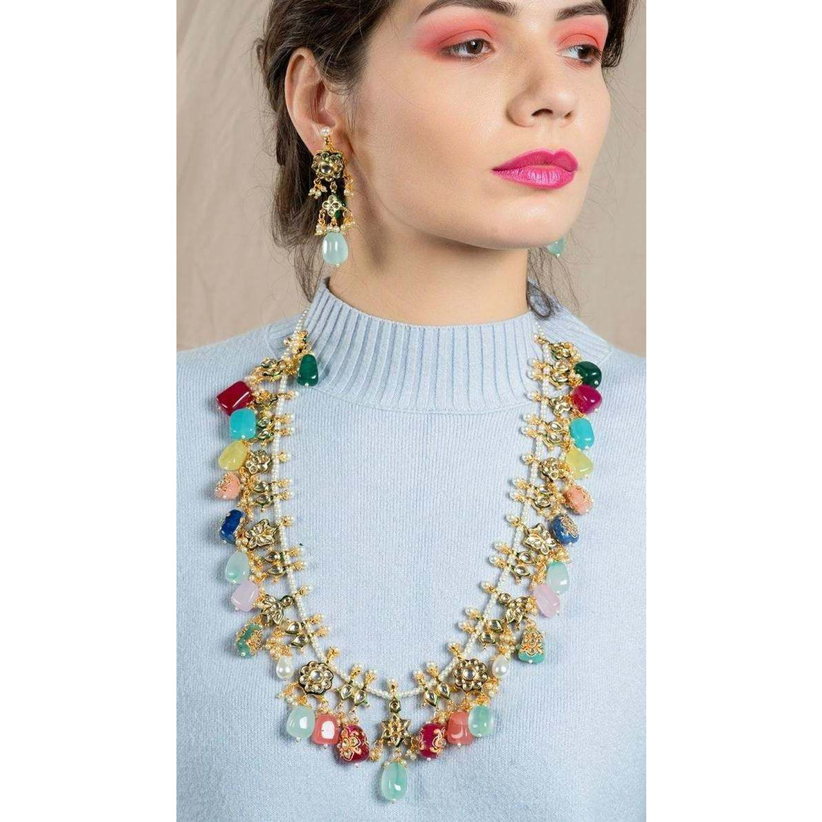Multicolor stone Kundan long Indian Jewellery set, Jaipur jewelry, pearl Kundan set, wedding set, bridal to be jewellery, colorful necklace