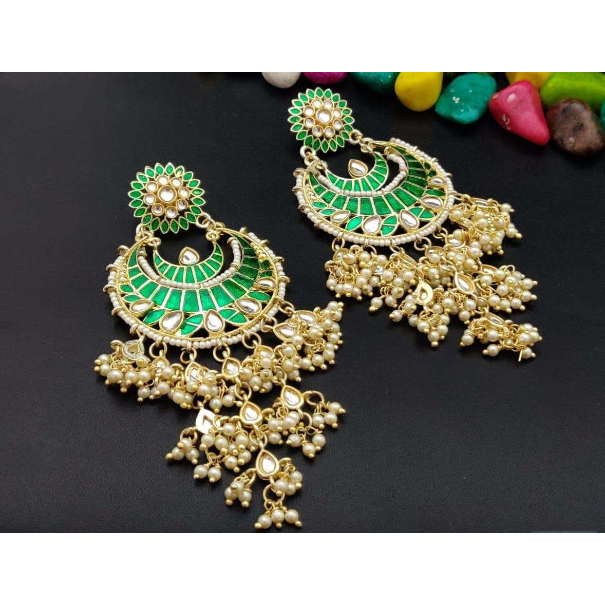 Indian chandbaali earrings, Unique Polki Kundan Meenakari Earrings Indian Jewellery, wedding jewelery, long earrings, gifts, festival gifts