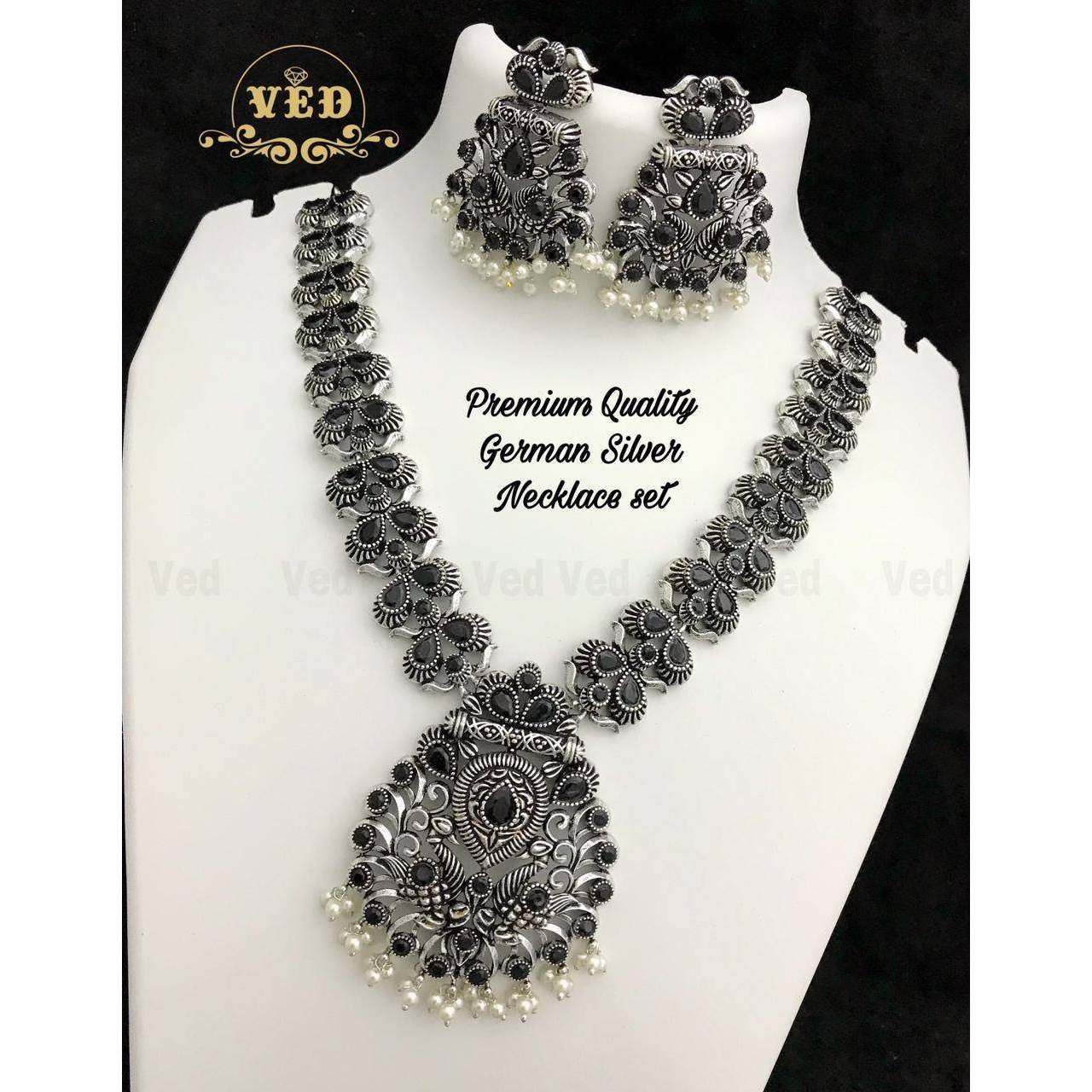 Stone pearl Silver Oxidized Necklace Set for Women, Indian jewellery set, temple jewellery, choker chic necklace set, south Indian jewellery